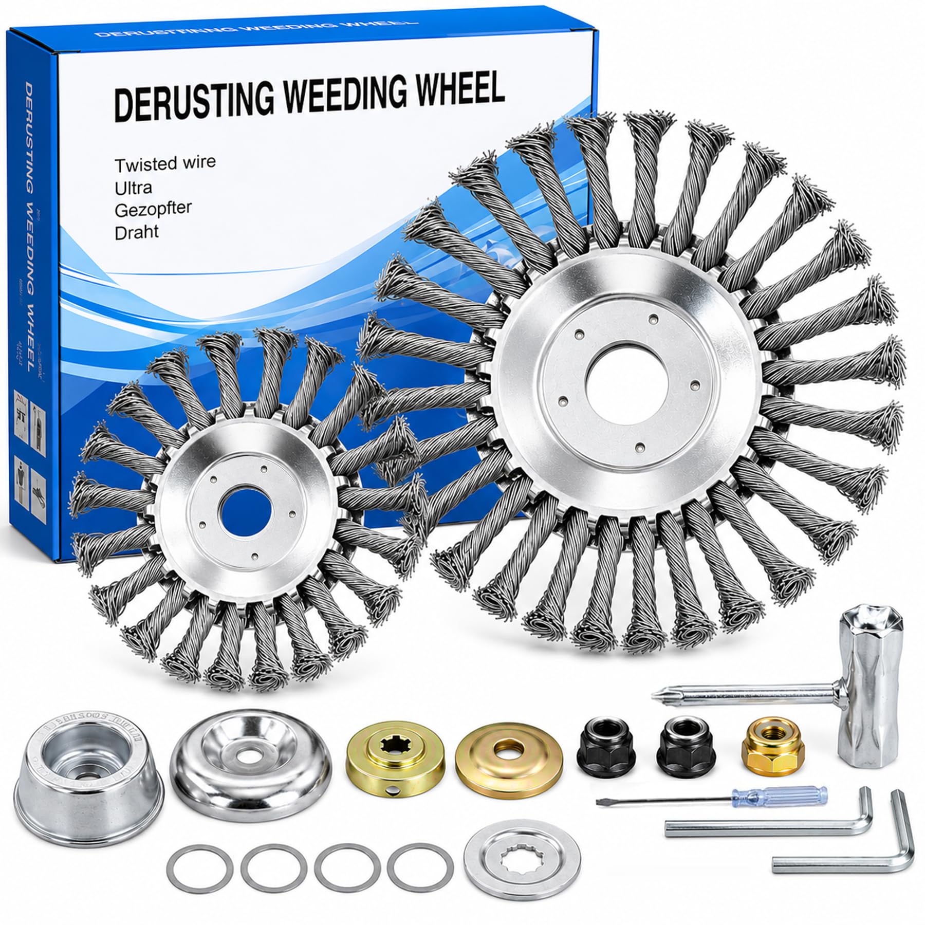 Unkrautbürste für Freischneider 2er Set, Drahtbürste für Motorsense 6 & 8 Zoll, Wildkraut- & Fugenbürste mit 25,4 mm Aufnahme & 20 mm Adapter für Pflaster & Einfahrt