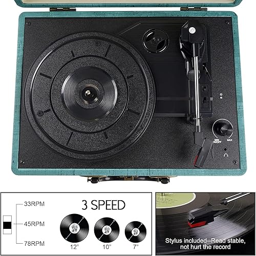 Miniatura 4 de Tocadiscos de maleta de vinilo con Bluetooth con altavoz integrado, 3 velocidades de transmisión por correa, fonógrafo, correa de transmisión por