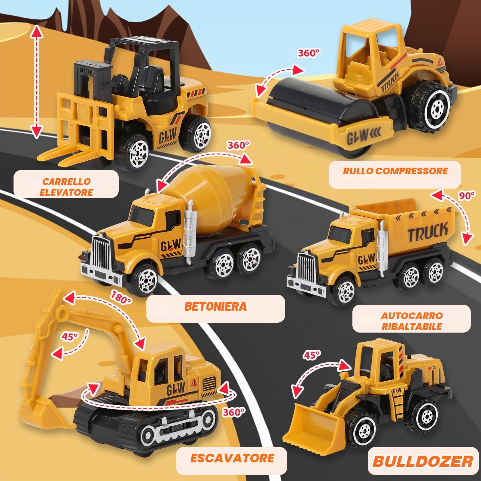 Veicoli da cantiere per ragazzi da 3 a 7 anni, veicoli da cantiere, per bambini, per auto, camion, gru, escavatore, camion ribaltabile, giocattolo per 3, 4, 5, 6, 7 anni, regali per ragazzi