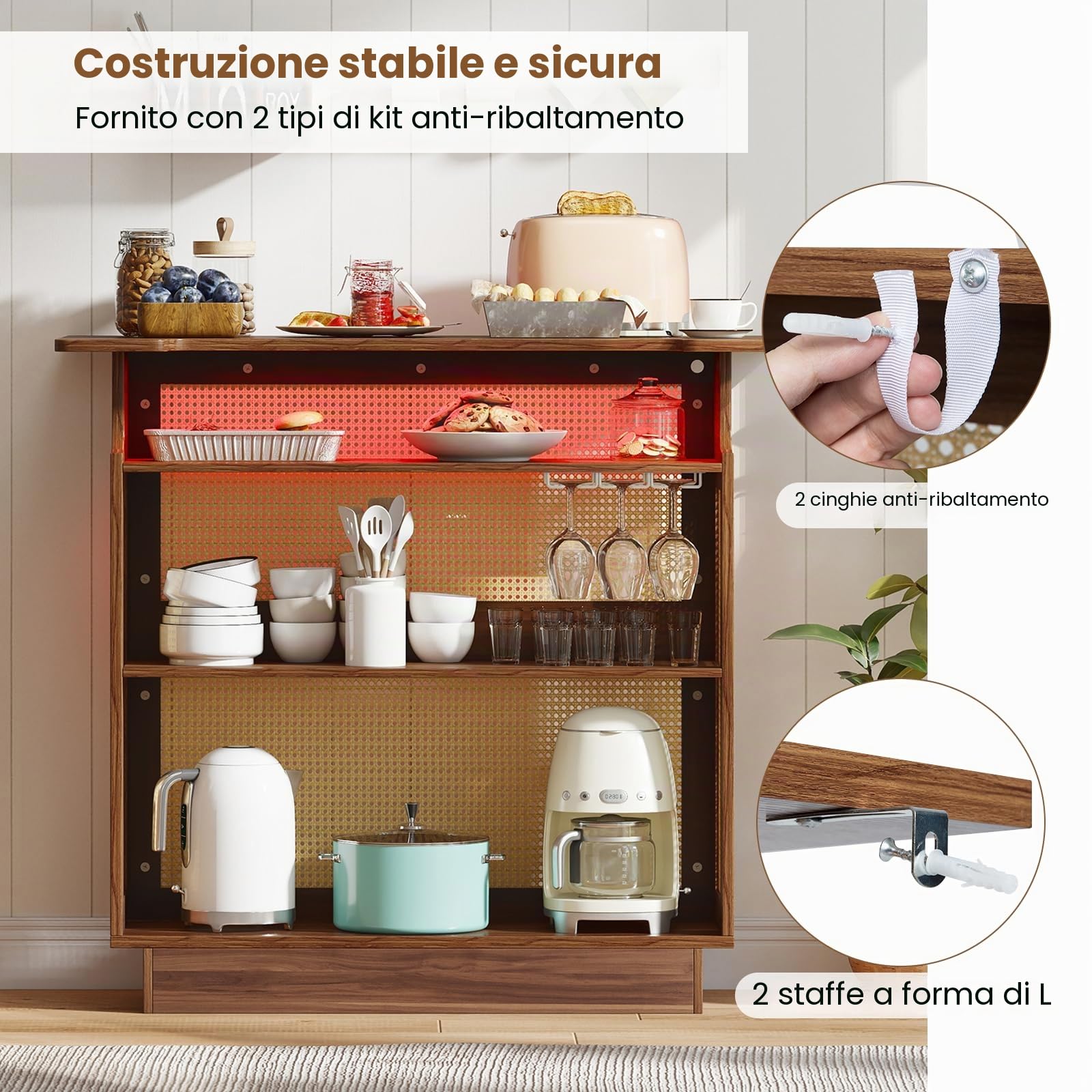 LIFEZEAL Tavolo da bar in legno, con illuminazione a LED, mensola da cucina in rattan con supporto per bicchieri e scaffale, tavolo da bistrot design industriale, 55 x 120 x 110 cm