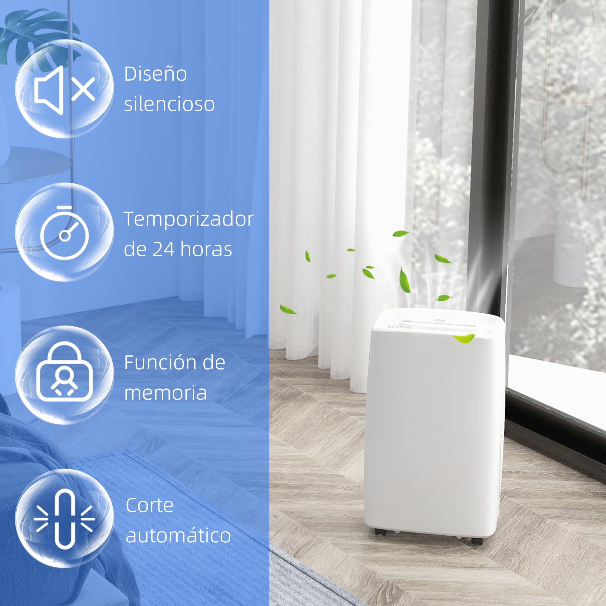HOMCOM Deshumidificador Eléctrico 12L/Días Silencioso para 10-25 m² Blanco | Depósito de Agua 1,5L, 4 Modos, 2 Velocidades, Ruedas, Pantalla LED, Temporizador