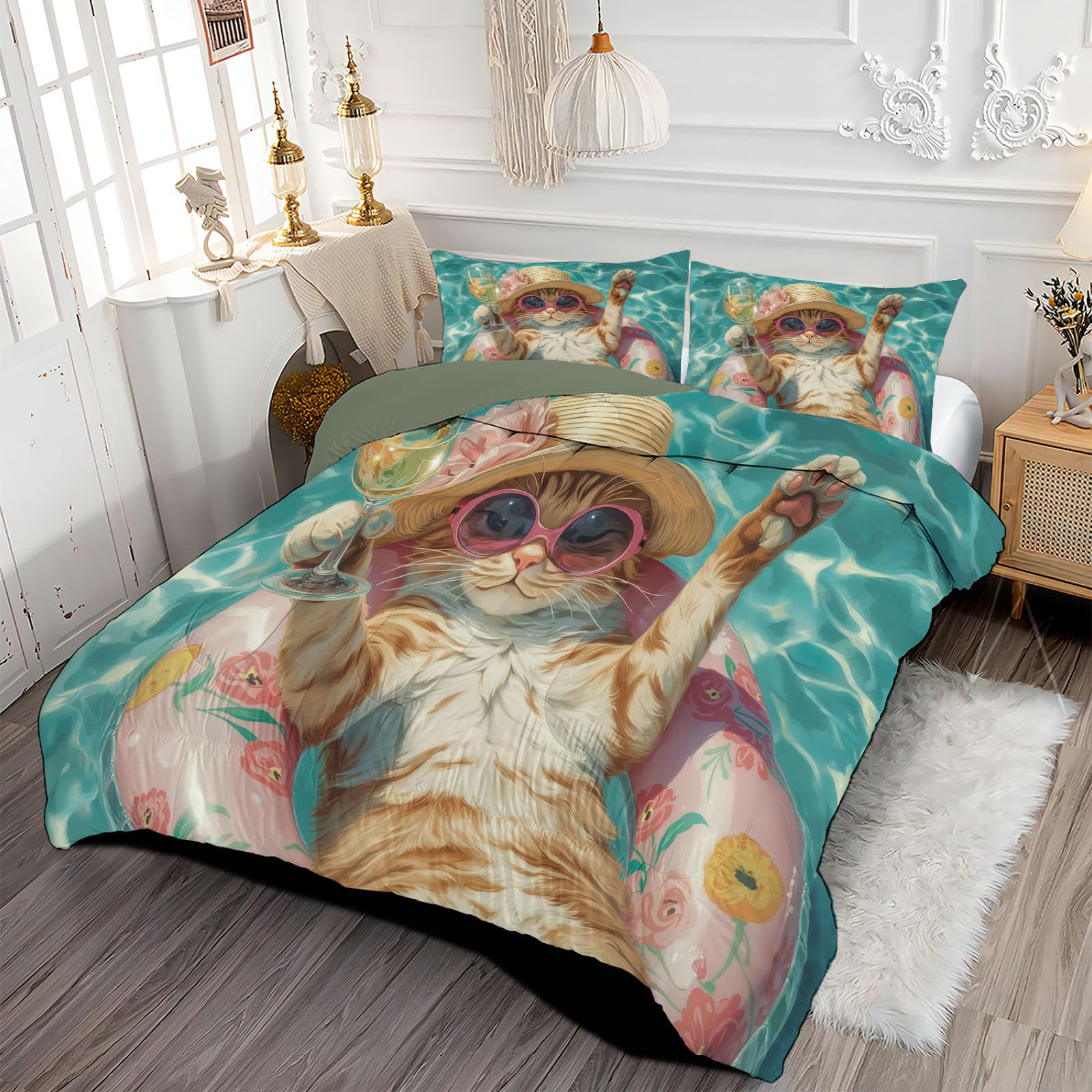 Edredon Cama 135/150 Piscina Gato Naranja Estampado Infantil, Edredón Nórdico 4 Estaciones 240x220cm, Colcha Transpirable De Microfibra Lavable Luz Solar Abstracto Animales, 2 Fundas De Almohada