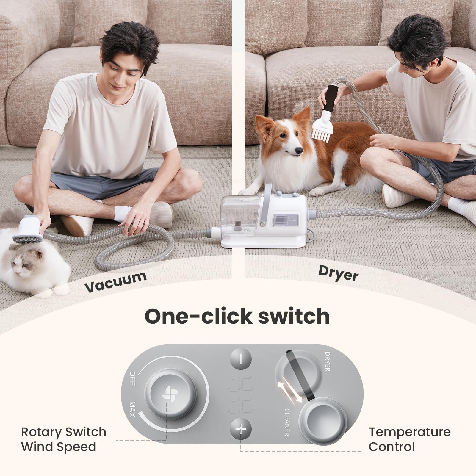 pecute ALL-IN-1 Kit Asciugacapelli Tagliacapelli per Toelettatura Cani, Soffiatore + Tosatrice + Aspira Peli Gatto, Silenzioso, Redimensionnement Automatique, 7 Accessori di Bellezza, Capacità 1,7 L