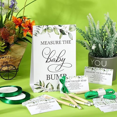 Miniatura 5 de Fumete Juego de 65 piezas para baby shower, incluye tema de vegetación, mide el letrero de la protuberancia, 50 hojas, tarjetas de adivinanzas, 10