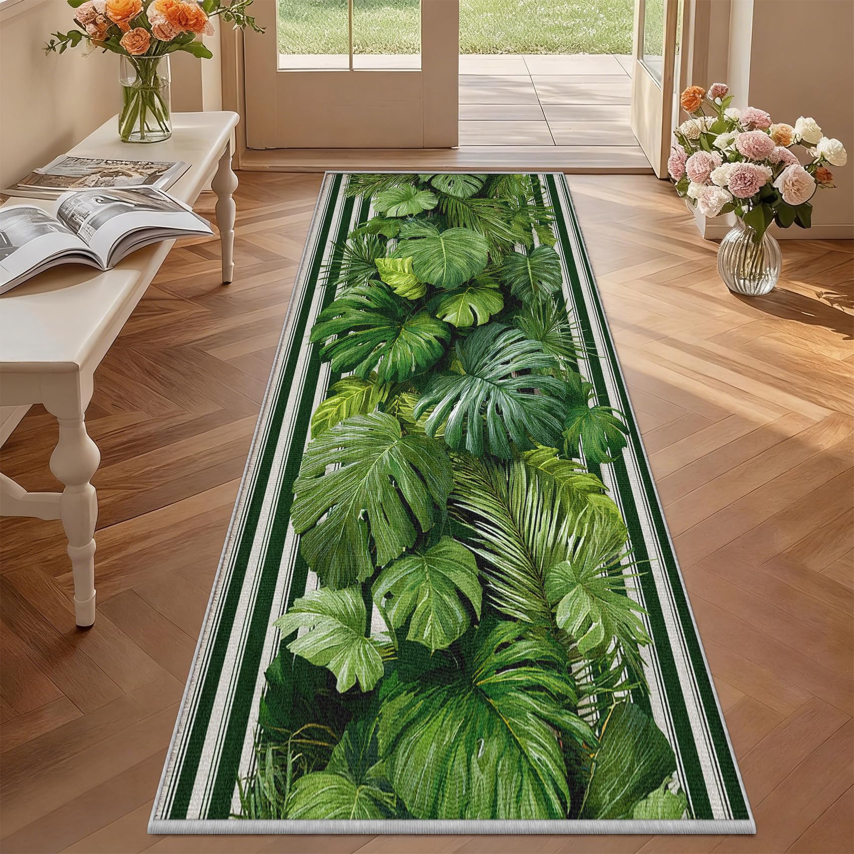 Monstera Blätter Teppich Läufer 60x150, Tropische Pflanze Teppiche Rutschfest Kurzflor Waschbar Bettumrandung Schlafzimmer, Grün Streifen Teppichläufer für Küche Flur Eingangsbereich DML185wq