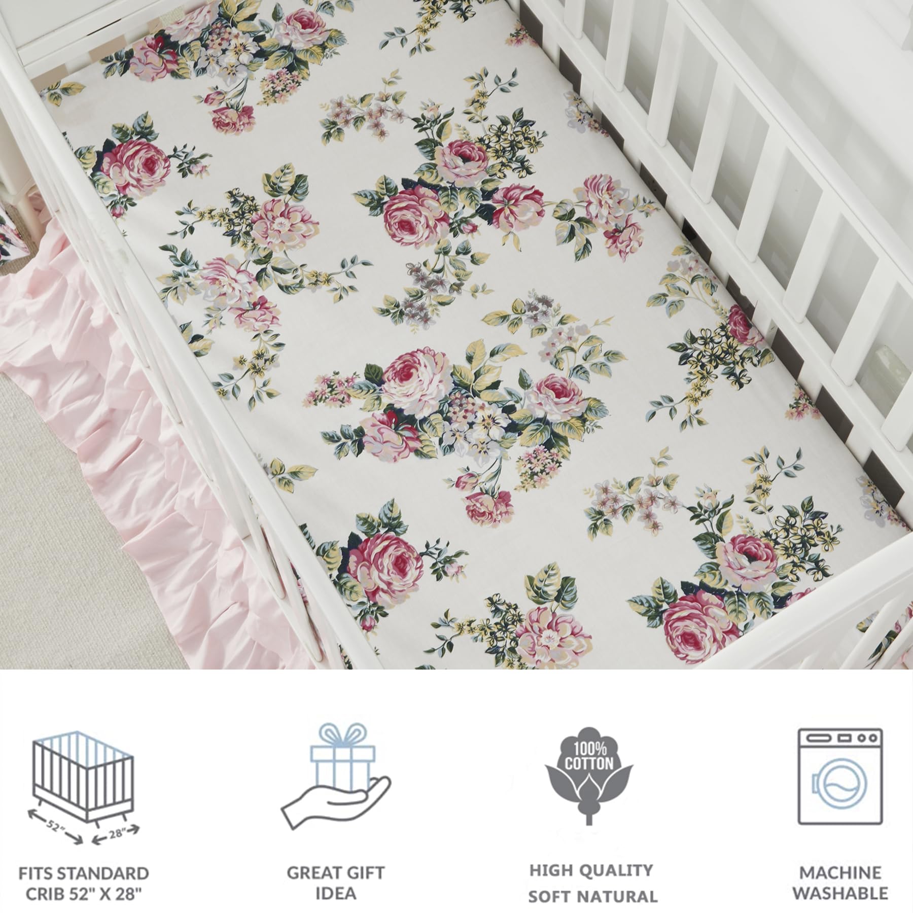 Brandream Juego de ropa de cama 100% algodón para cuna de bebé y niña, 6 piezas, diseño floral botánico de rosa, manta de edredón de lujo, sábana de cuna, falda de cuna rosa de 3 niveles, cenefa de