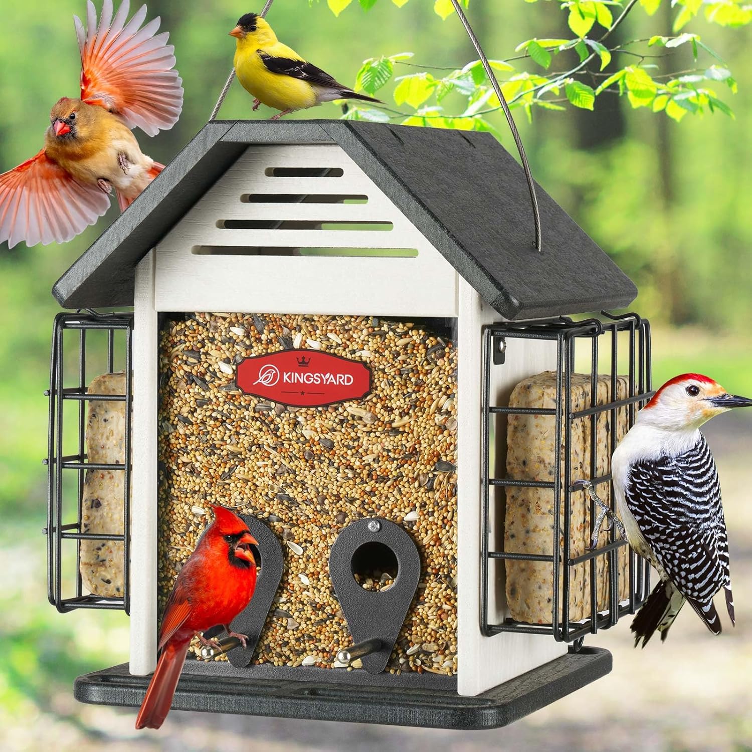 kingsyard bird feeder for outdoor hanging, recycled plastic 3 in 1 mixed seeds suet feeder, double suet cages mesh sunflower bird feeder, 3 lbs large capacity for finch cardinal chickadee, white
