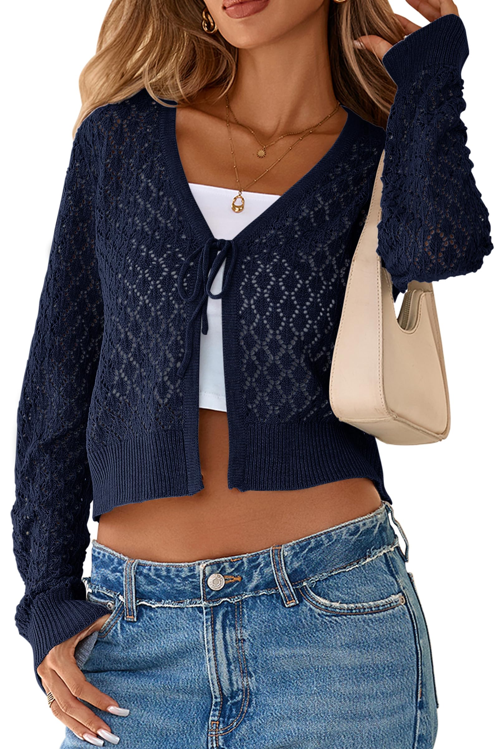 SimpleFun Womens Crochet Cardigan Casual Tie Front Shrugs Sweaters Long Sleeve Knit Cropped Cardigans Tops