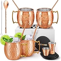 Vista 7 de Juego de 4 tazas Moscow Mule de 16 onzas, 100% cobre puro hecho a mano, 4 popotes, 4 posavasos de madera, cuchara agitadora, vaso de chupito