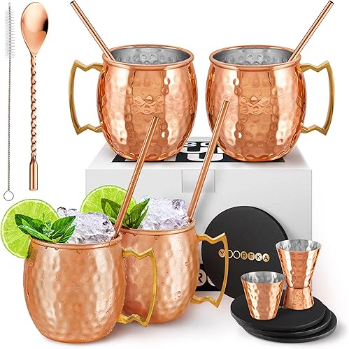 Set de regalo de tazas Yooreka para Moscow Mule, conjunto de 4 tazas de 16 onzas, acero inoxidable chapado en cobre, 4 popotes, 4 posavasos,