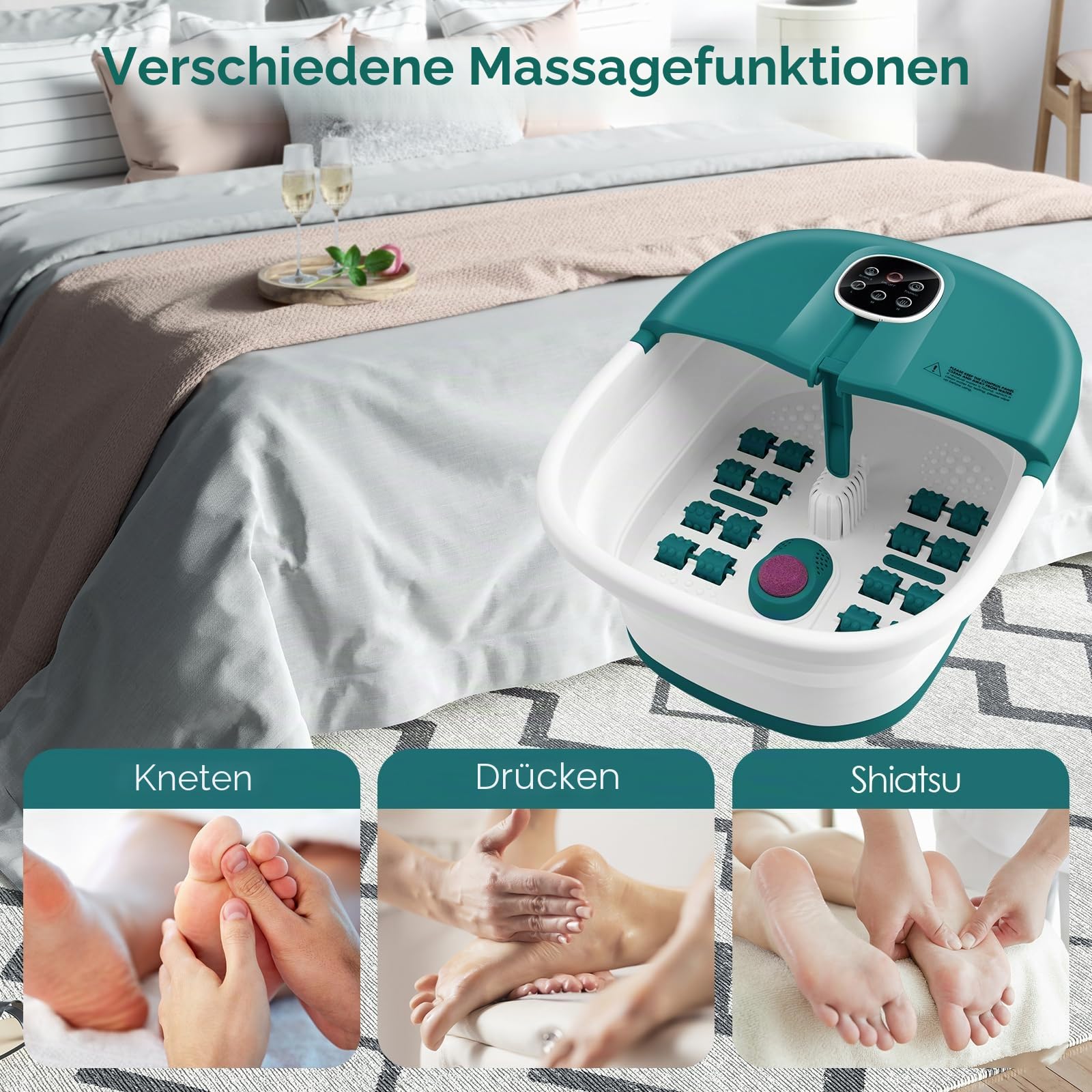 HOMASIS 500W Fußbad mit Massage & Heizung, faltbares Fußmassagegerät Fußsprudelbad mit Massagerollen, Bimssteinen, Elektrisches Fussbad 41/43/45°C, Fußbadewanne Timer 20/60 Minuten (Türkis)