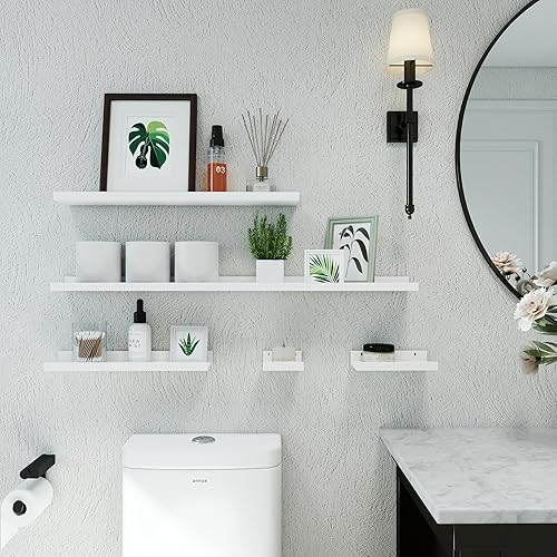 Miniatura 5 de Estantes flotantes blancos para decoración de pared, estante largo de almacenamiento montado en la pared para dormitorio, sala de estar, baño,