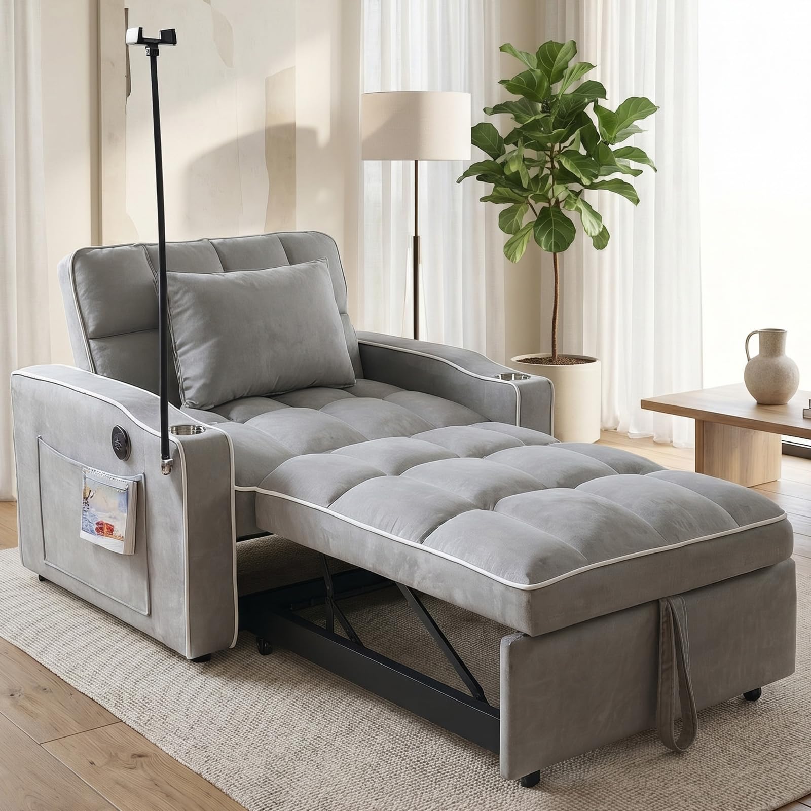 Majnesvon Modern Velvet Fabric Sofa Bed Futon,3 in 1 Convertible Pullout Bed Couches with 3 Reclining Backrests,Phone Stand,Small Sofa Single Sleeper