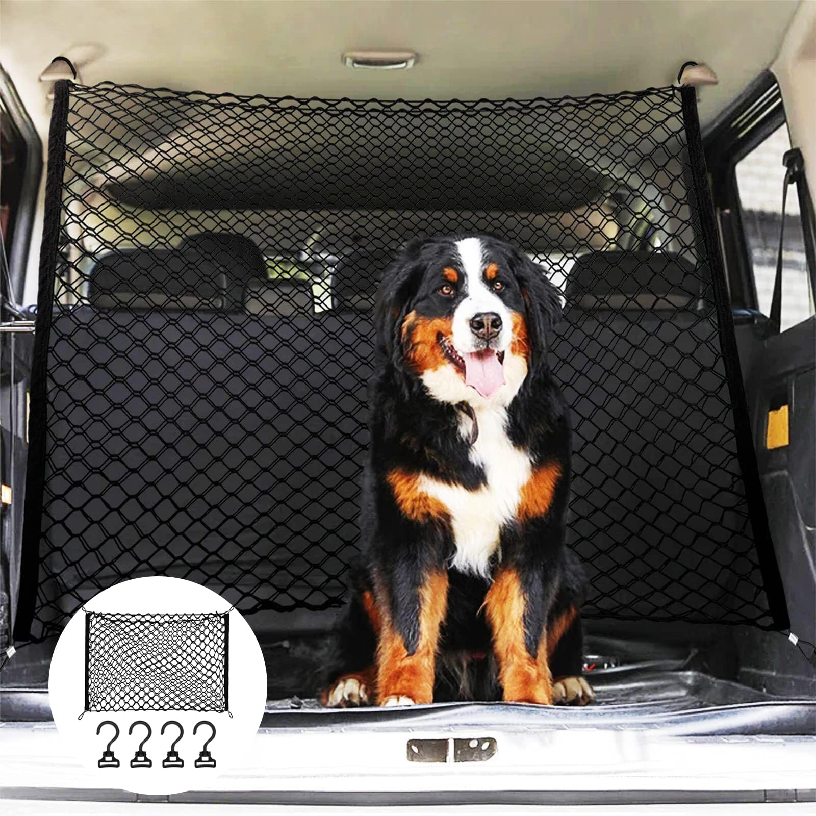 GOMETY Griglia di protezione per auto, rete di separazione per cani, 120 x 90 cm, doppio strato di polipropilene con 4 ganci, rete universale per cani di sicurezza per animali domestici, divisorio