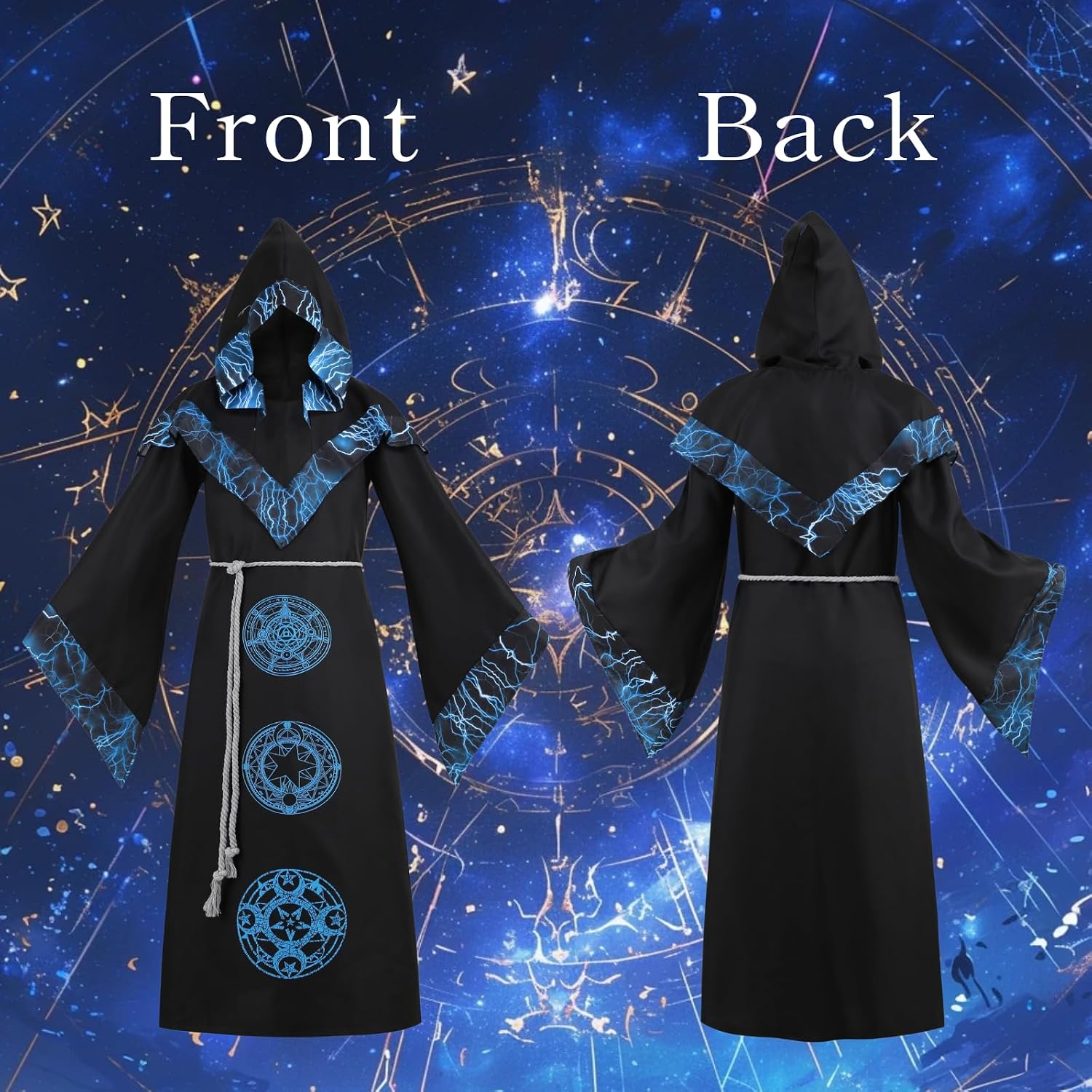 Sorcerer Robe Medieval Lightning Witch Costume for Men Cloak with Hood Outfit Adult Male Halloween Cosplay