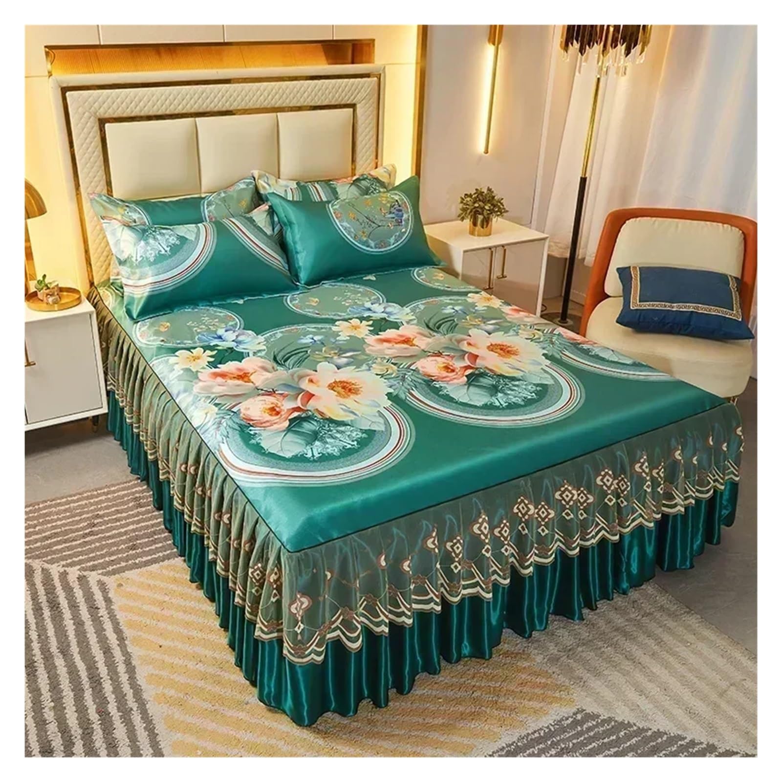 Bedding Set Folding Embroidered Sheets Bedding Bed Skirt King Queen Size Bed Sheet Set with Pillowcases(Color 8,3 pcs 180x200cm)
