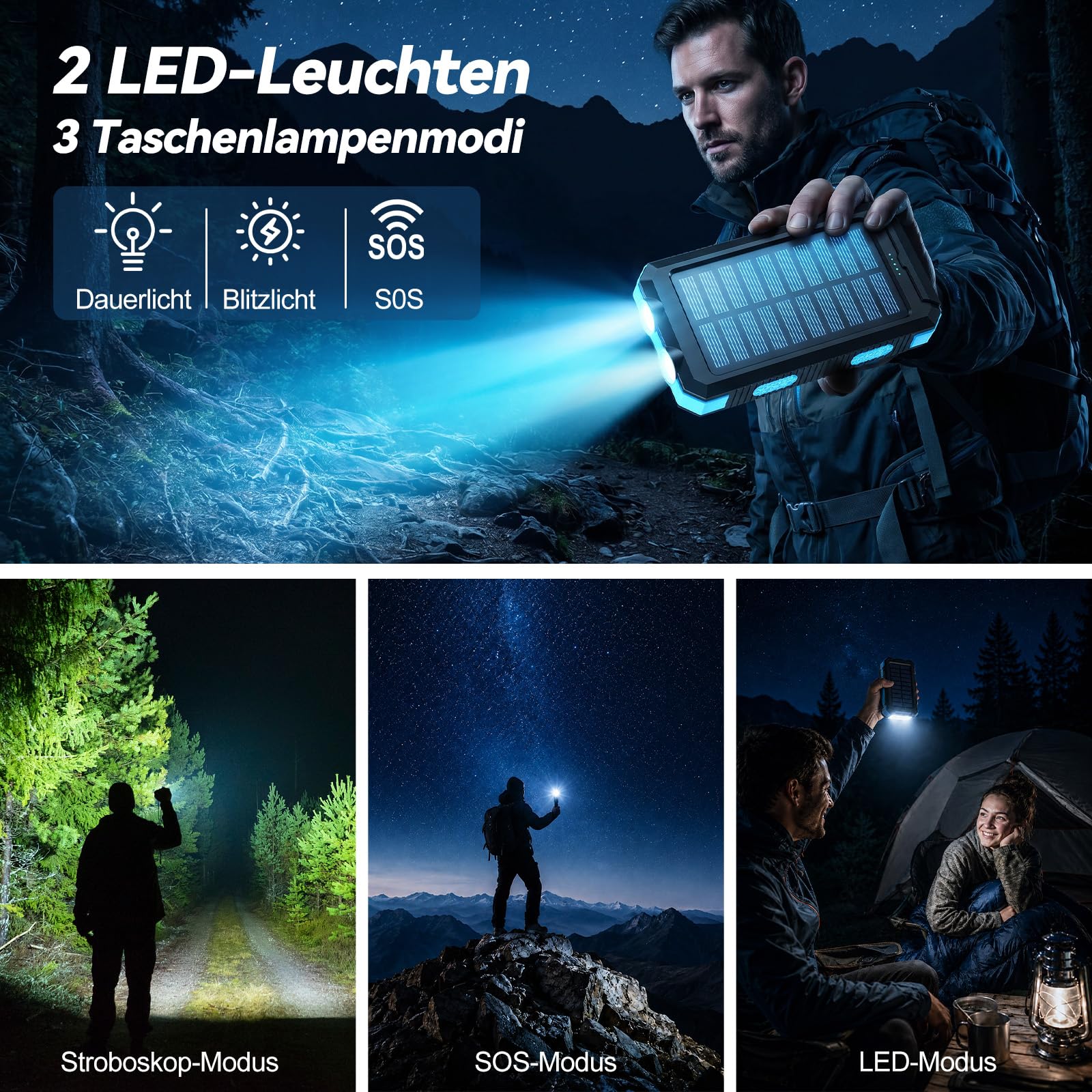 Vikeri Solar Powerbank 26800mAh, Powerbank Solar Wasserdichtes USB C Externer Akku mit 4 Outputs, Power Bank für Smartphones, Tablets und mehr (Blau)