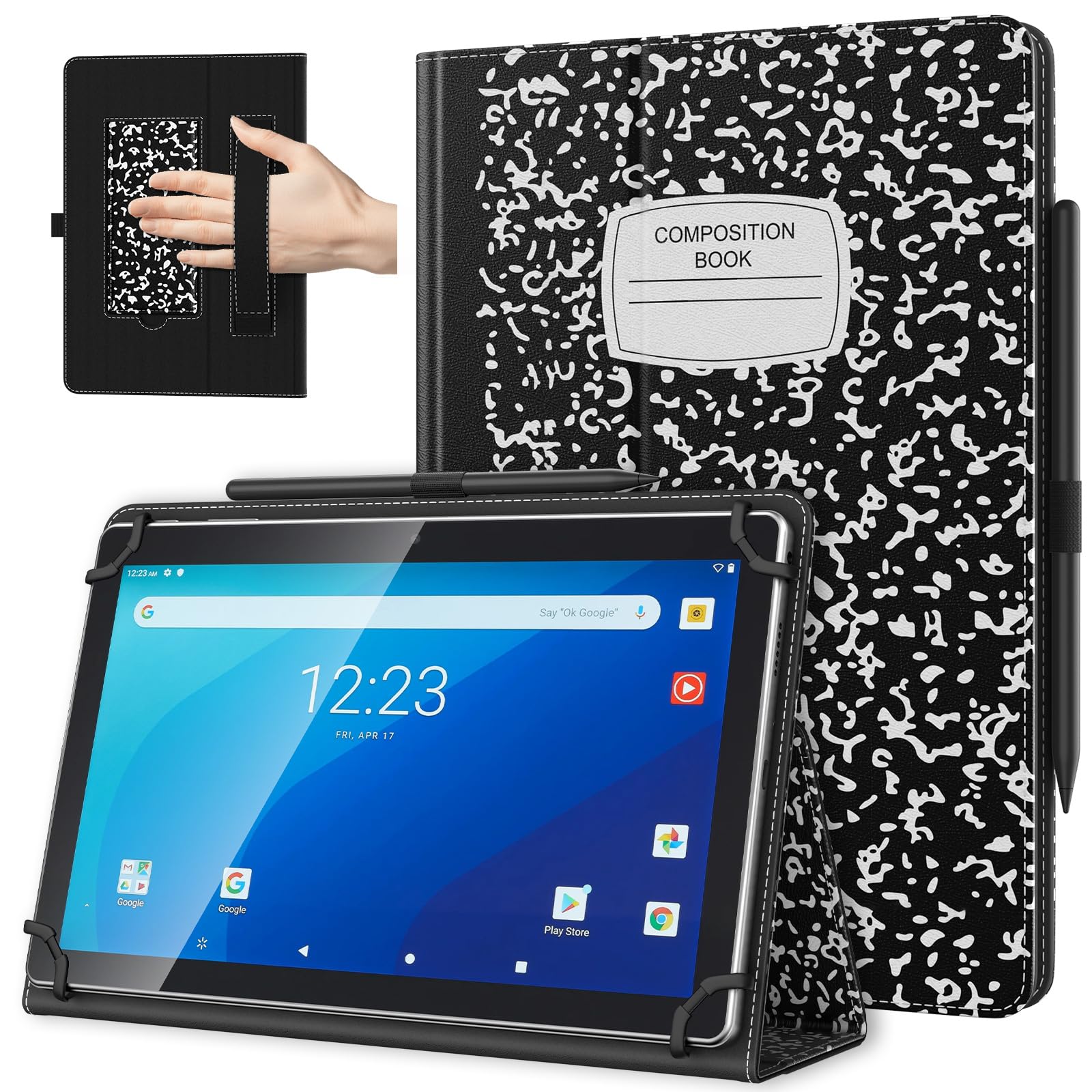 TiMOVO Universele beschermhoes voor Android Tablet 25,6 cm (10,1 inch) met penlus, lichte en opvouwbare beschermhoes met polslus voor alle tablets met touchscreen van 9,6 - 11 inch, kleurrijke bloem