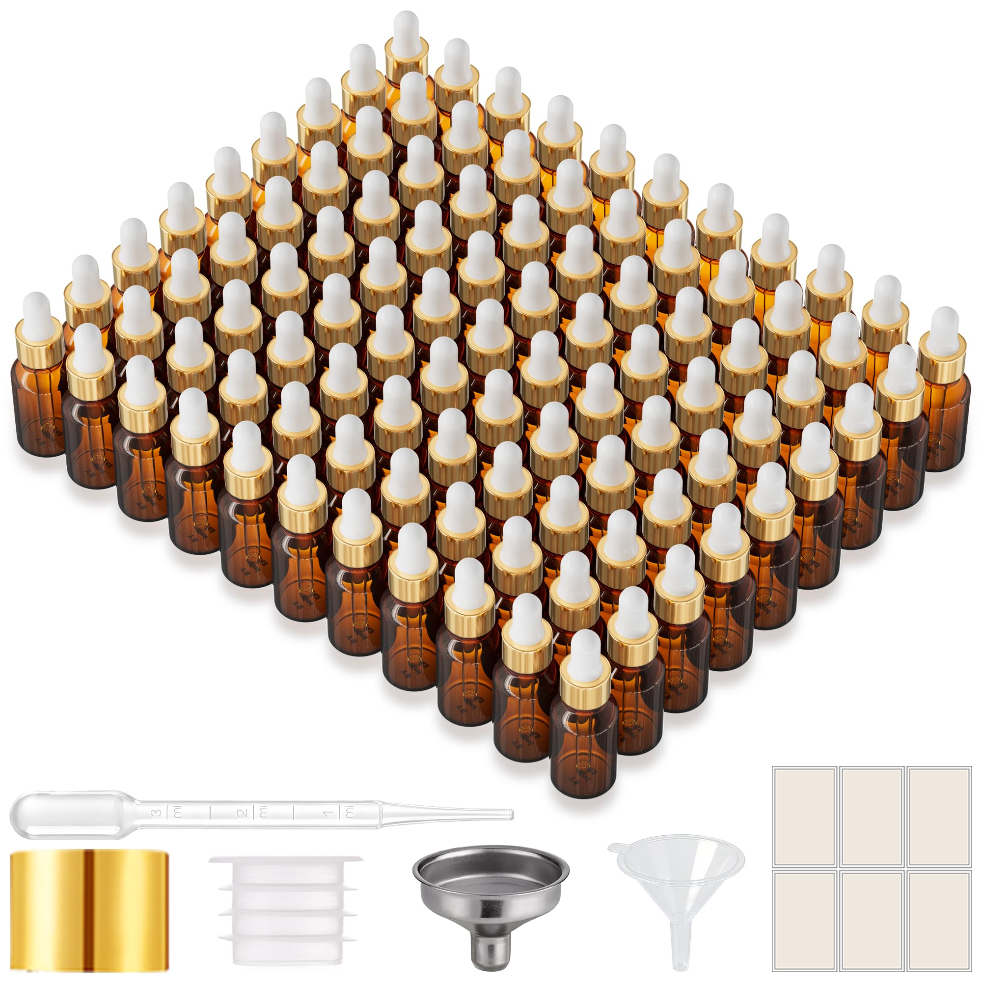 PrettyCare Glass Eye Dropper Bottles 99 Pack, 0.5oz (15ml) Small Amber Empty Thick Bottles with Leakproof Golden Caps - With Labels &amp; Funnels for Storage, Travel, Essential Oils, Tinctures