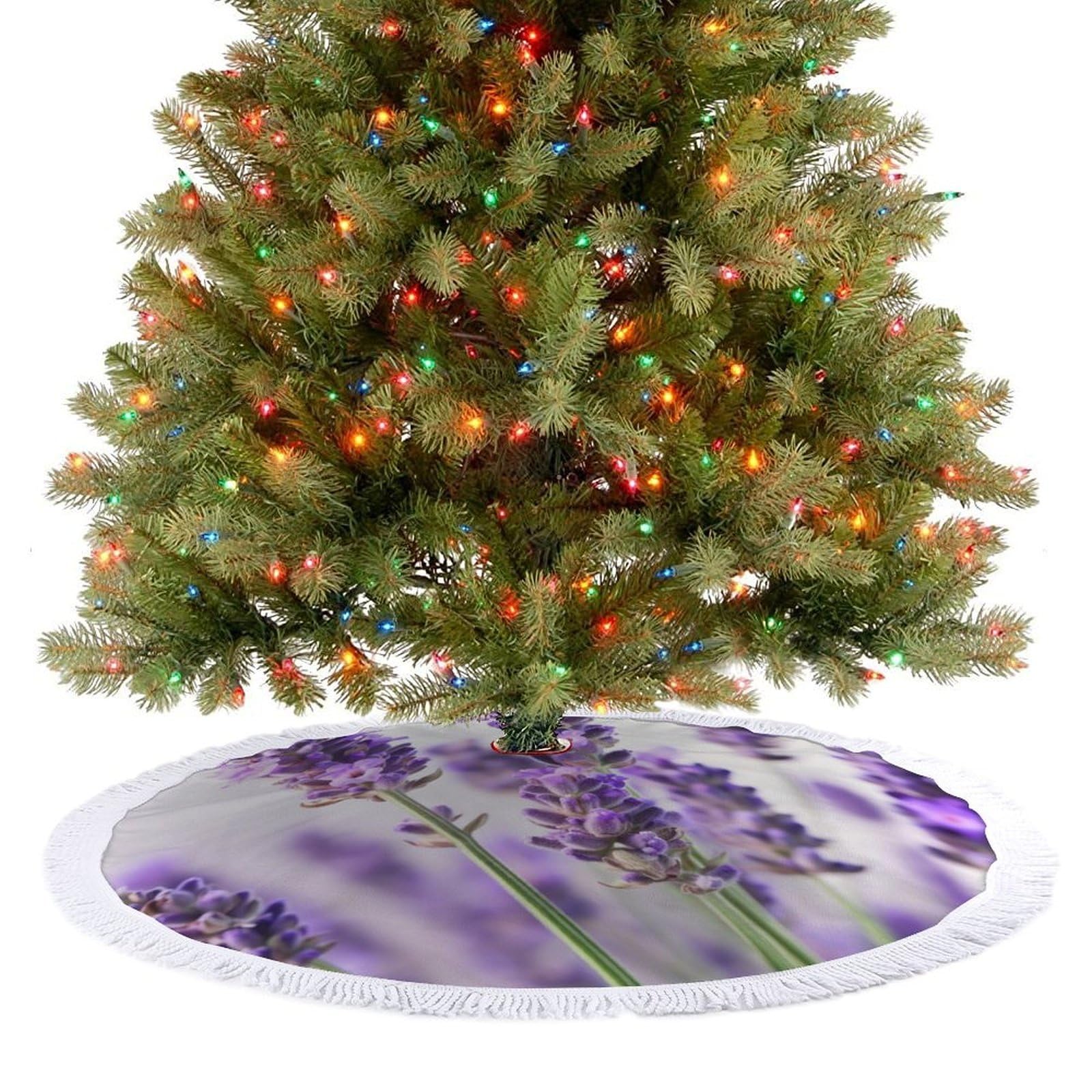 Lavender Flower Christmas Tree Skirt 30"x30" Rustic Xmas Tree Mat with Tassel Ornament Christmas Trees Cover Skirt Mat for Evergreen Trees Ornament Winter Holiday Mats Decorations