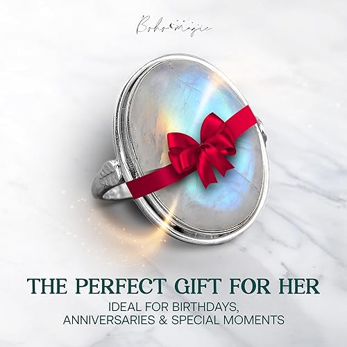 Vista 5 de Anillo de plata de ley Boho-Magic con piedra lunar para mujer Joyería boho con piedra preciosa ovalada Anillo de piedra lunar arcoíris Regalo