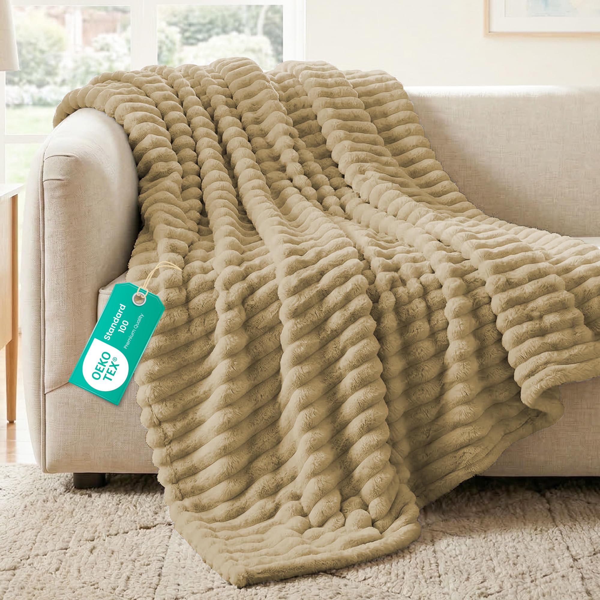 Sunshine Comforts Fleece Stripe Throw Blanket For Sofa - 100% Polyester Soft Cosy Warm Blankets For Bed, Light Warm Soft Cute Throw For Women and Girls - Mink, King (200X240CM)