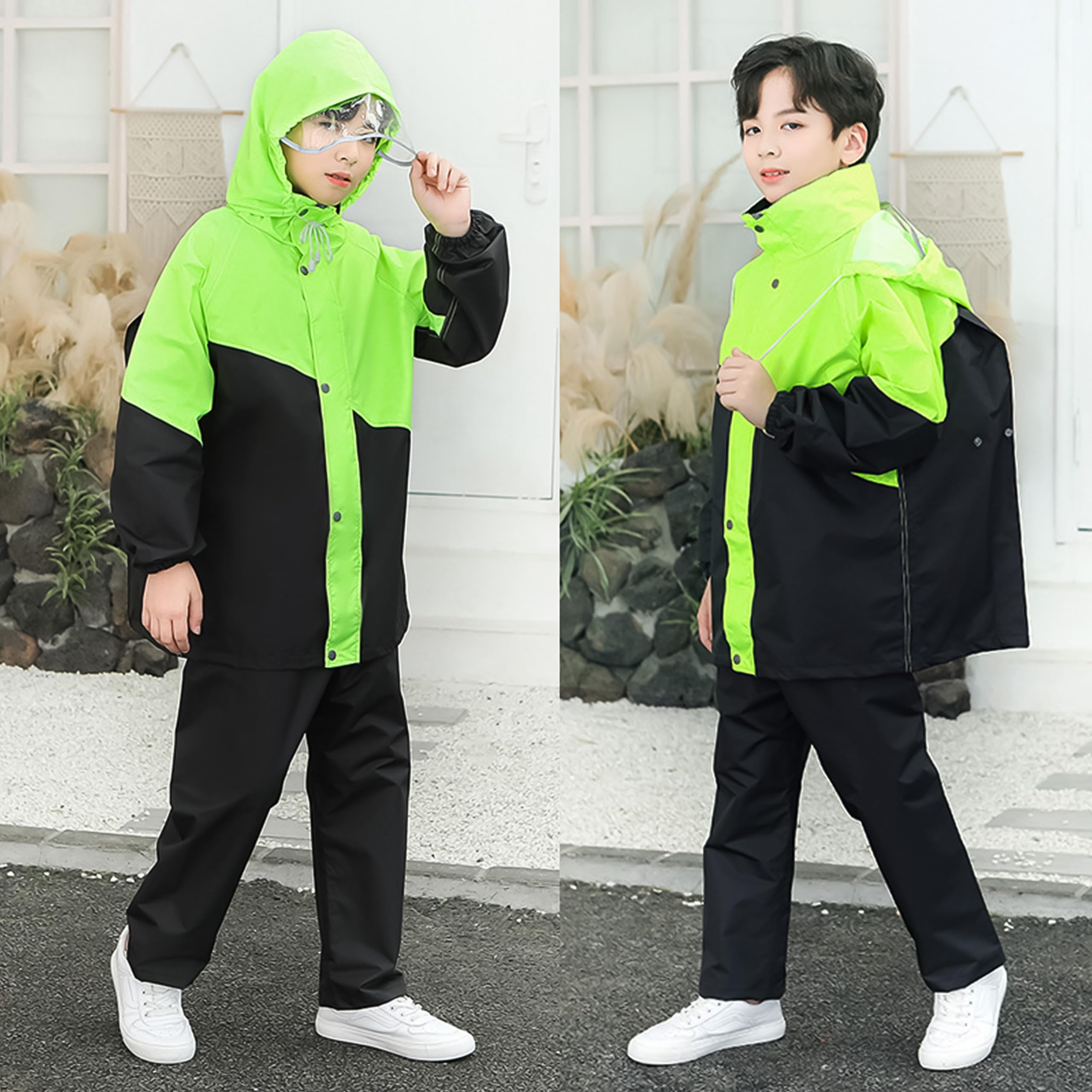 Volunboy Traje Impermeable para Niño o Niñas, Chubasquero con Capucha y Pantalones Set de Charco con Cremallera