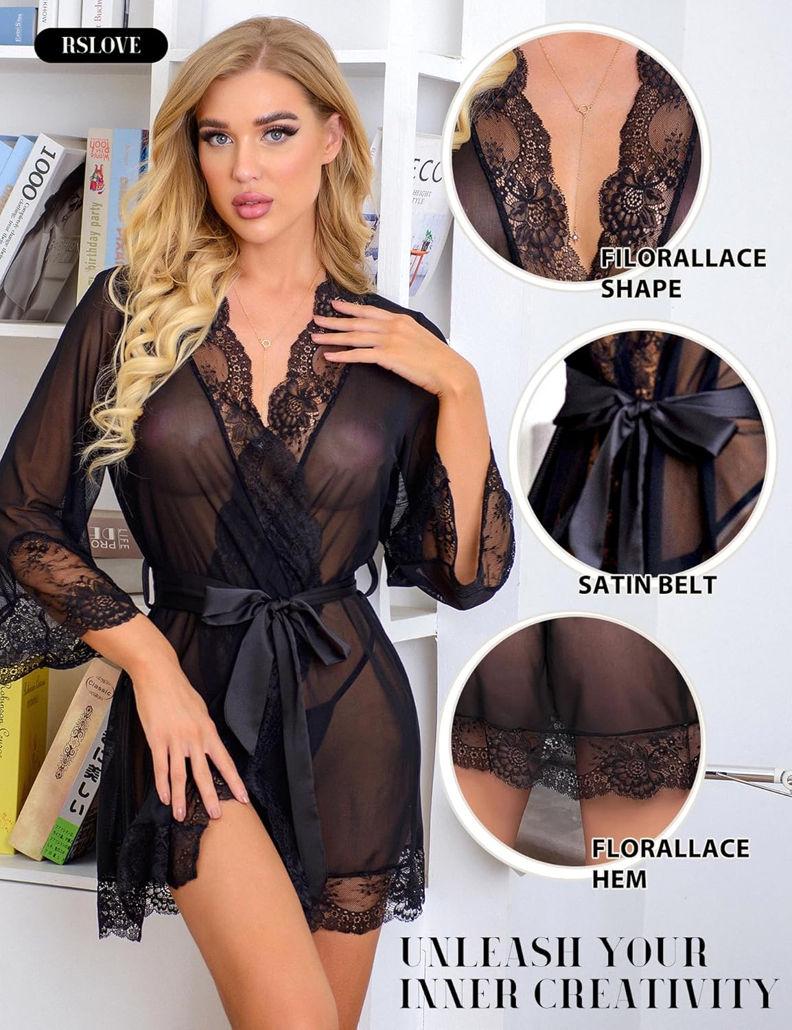 RSLOVE Women Lace Kimono Robe Babydoll Chemise Lingerie Bride Robe for Wedding Party - Image 3