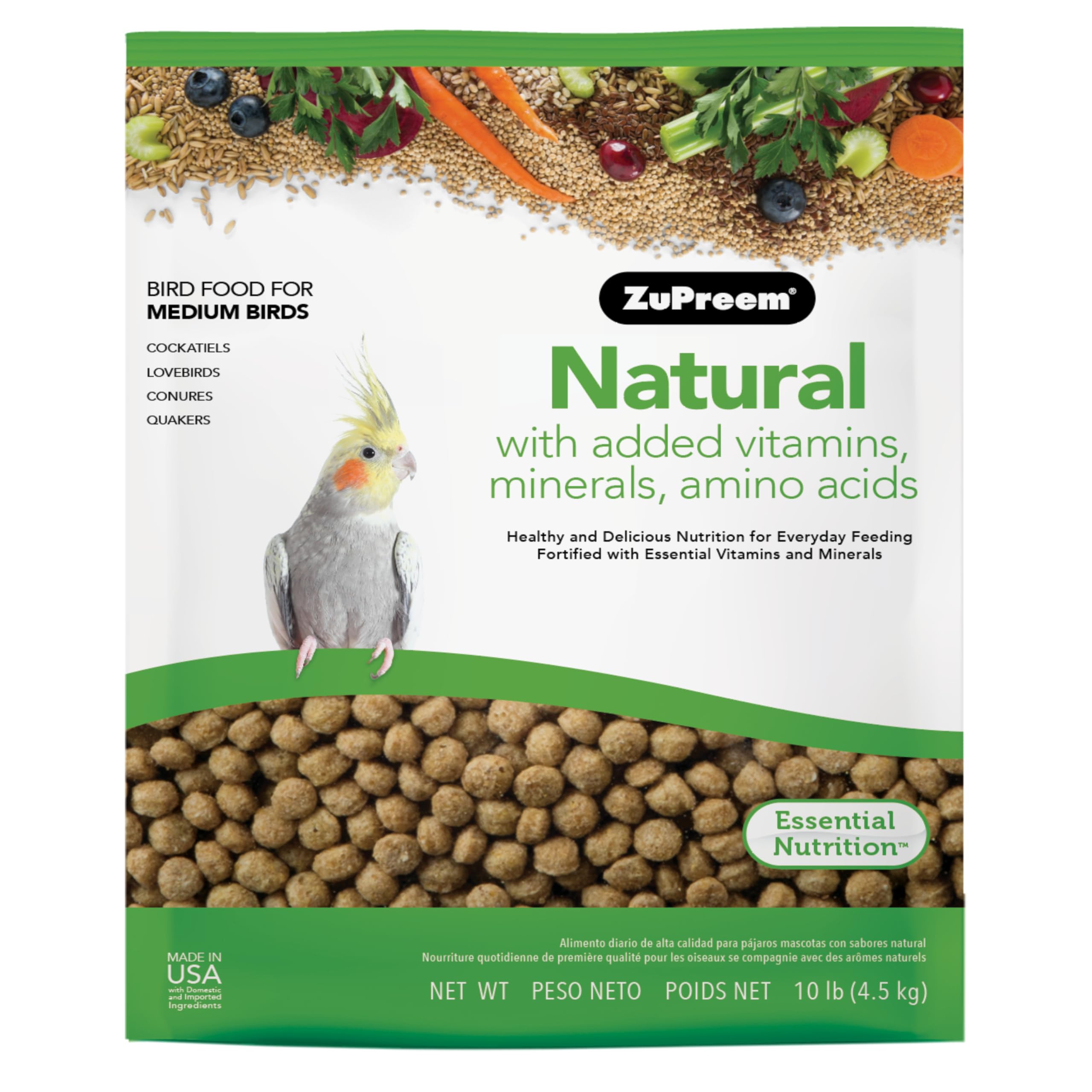 ZuPreem Natural Bird Food, Daily Bird Feed Pellets for Cockatiel, Lovebird, Quaker, Small Conure, Lorikeet, ZuPreem Core Nutrition, Added Vitamins, Made in USA, Cockatiel Food, (Medium, 10 lb Bag)