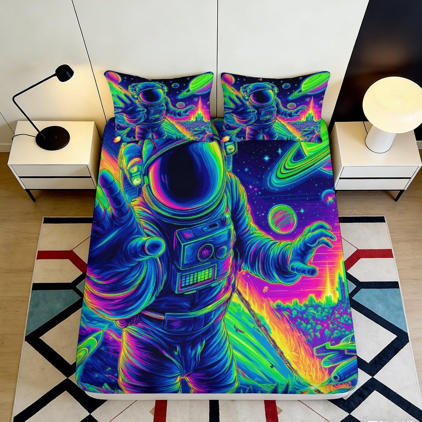 3D Printed Neon Astronaut Fitted Sheet Microfiber Soft Durable Space Design Cosmic Planets Mattress Cover for Bedroom Dormitory Guest Room Protection 160x200x25cm