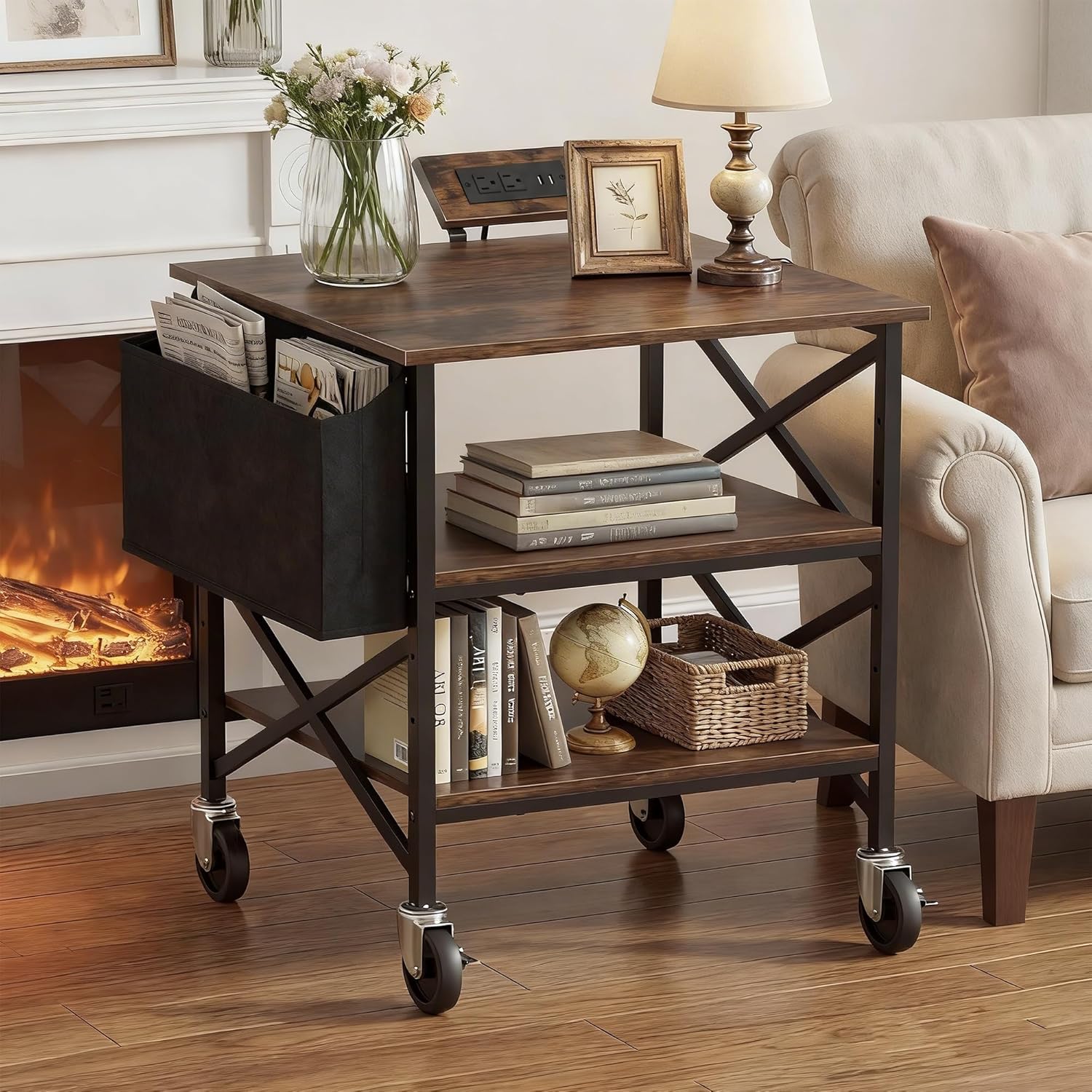 Large Printer Stand with Storage Bag, Rolling Printer Cart with Power Outlet, 3 Tier with Height Adjustable Storage Shelf, 23.6 x 23.6 Inches Printer Table for Home Office