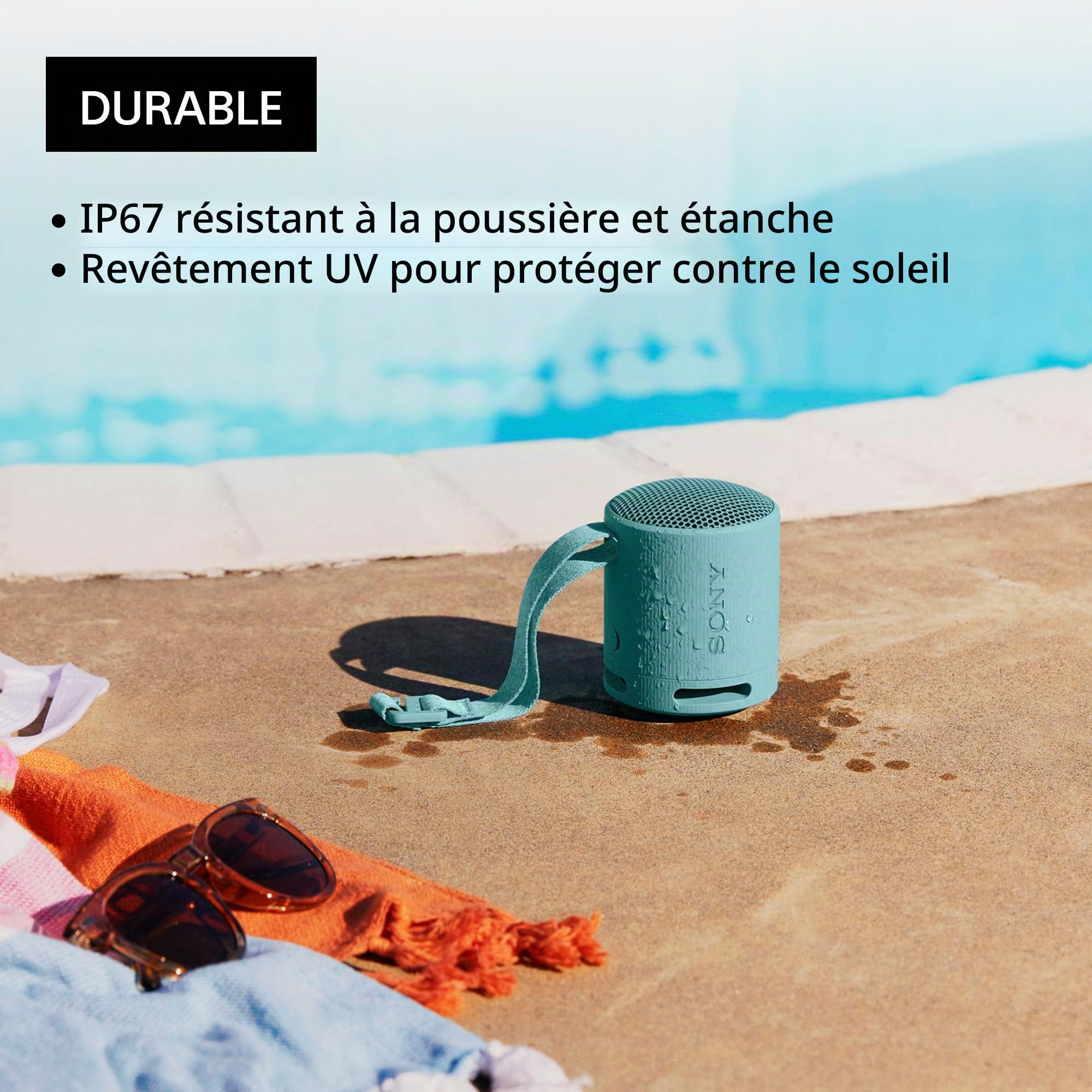 Sony SRS-XB100 Haut-parleur Bluetooth sans fil, portable, léger, compact, pour l'extérieur, durable, étanche IP67 et résistant à la poussière, batterie 16 heures, sangle, appels mains libres, nouveau