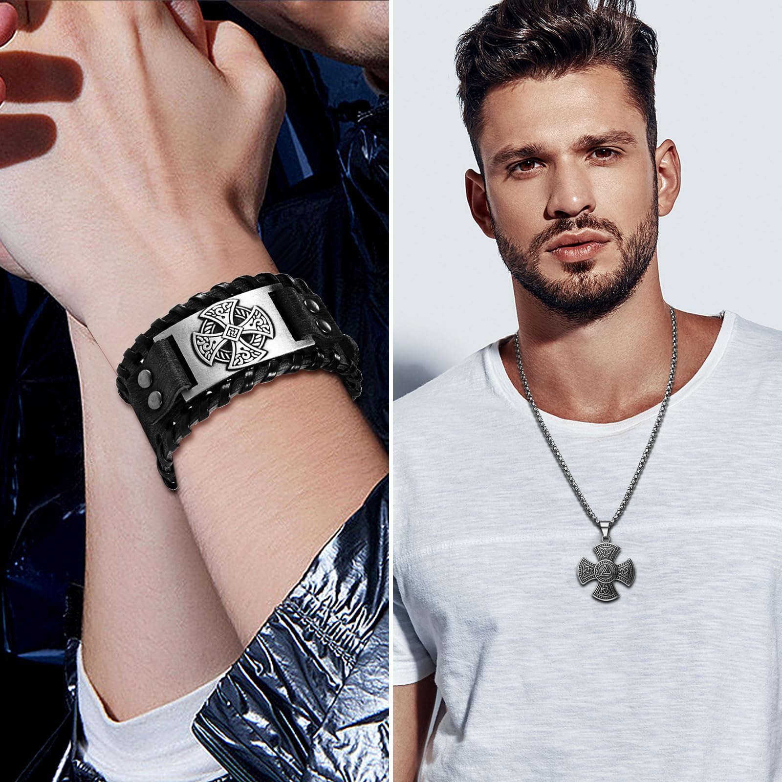 OIDEA Herren Halskette Armband Set, Kette aus Edelstahl mit Keltischer Knoten Kreuz Spielkarte Anhänger & Breit Armband aus Echtleder, Gold Silber