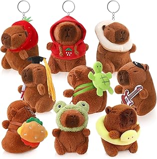 9 Piece Capybara Plush Keychain Set, Cute Animal Keychains with Turtle Strawberry Hat Bread Outfits for Backpack Gifts
