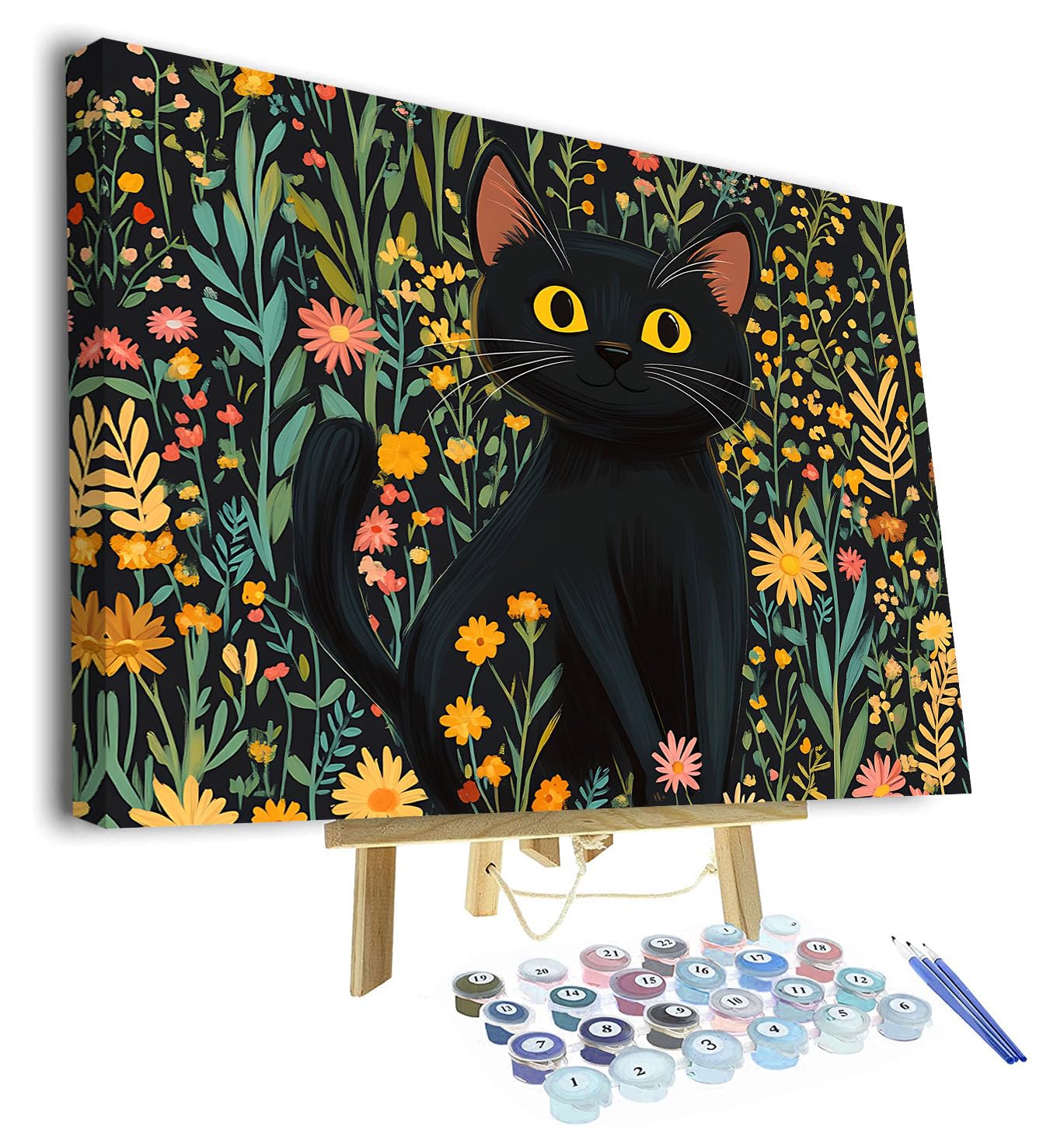TISHIRON Adult Paint by Number, Paint by Numbers Kit for Adults - Black Cat Sitting in a Lush Field of Flowers, Cute Animal Art, Painting by Numbers on Canvas - 16x20 Inch(Framed)