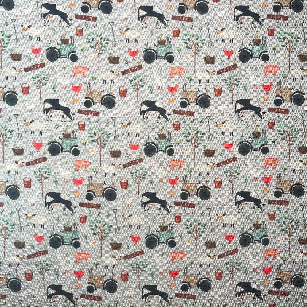 Oh Sew Crafty Limited Silver Digitally Printed Fabric Pure Cotton Panama On The Farm Tractor Animals Cow (Sold Per Metre) (Silver)