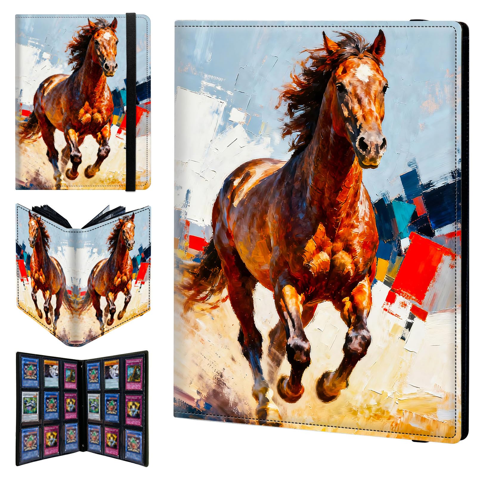 9 Pocket Trading Card Binder 540 Side Loading Pocket Album with Cute and Watercolor Horse Pattern Design Card Binder for Sports Cards & Game Cards