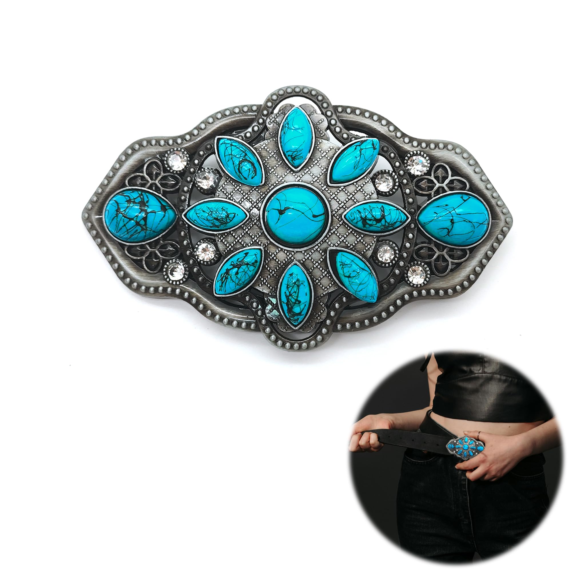 Western Buckle Türkis Böhmische Gürtelschnalle Stein Gürtelschnalle Türkis Gürtelschnalle Vintage Indische Elemente Gürtelschnalle Wechsel für 38mm Gürtel, Damen und Herren