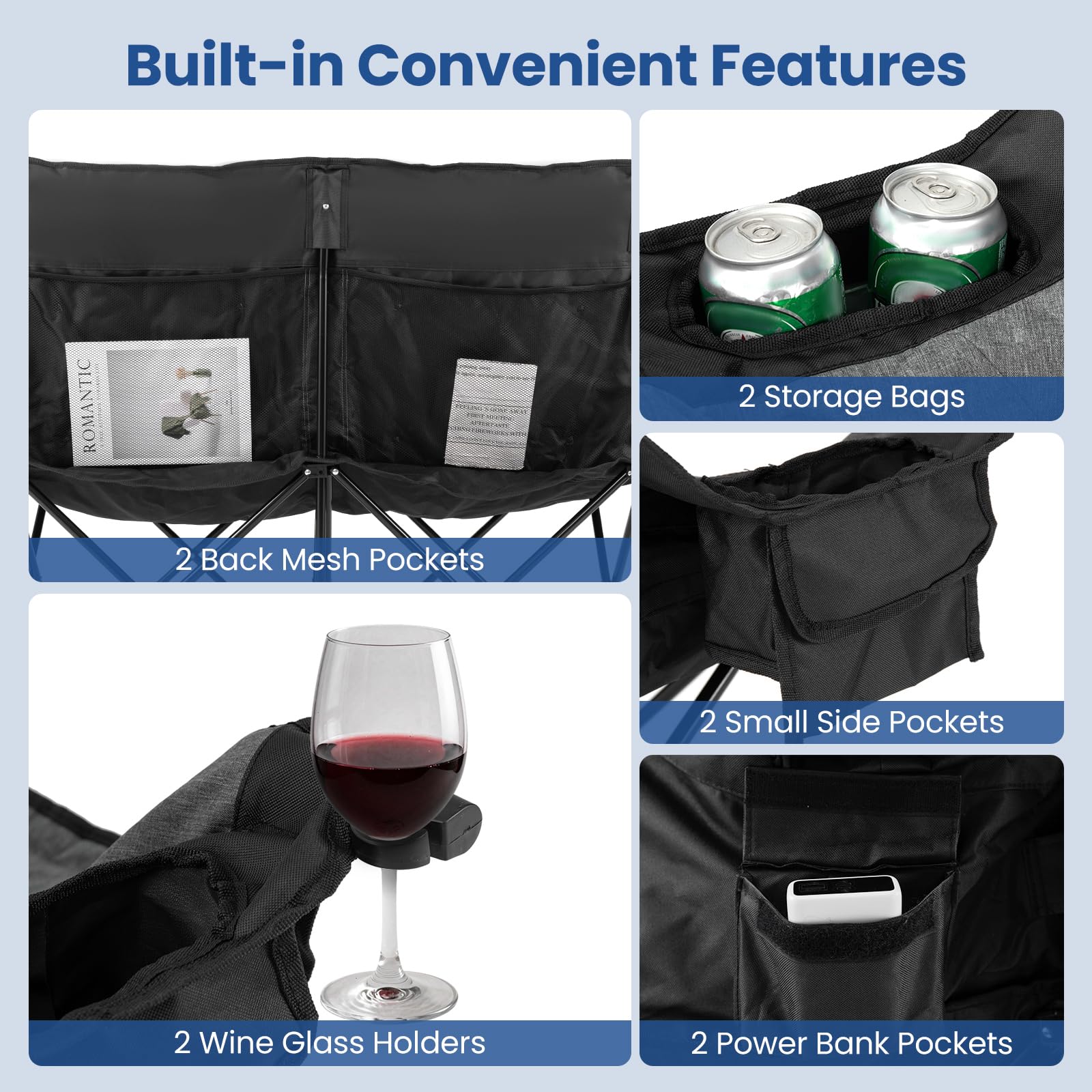 COSTWAY Campingstuhl Faltbar mit Heizung, Campingsofa für 2 Personen | Faltsofa mit 3 Heizstufen & 4 Heizzonen, Campingcouch Gepolstert 300KG Belastbar mit Seitentaschen, Glashaltern