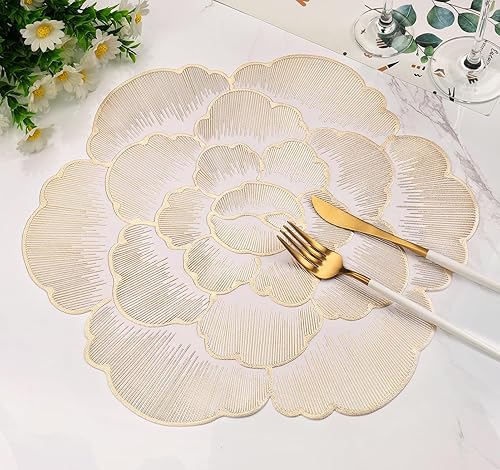 Miniatura 1 de Juego de 6 manteles individuales redondos dorados para mesa de comedor, de vinilo prensado metálico, manteles individuales lavables y lavables para