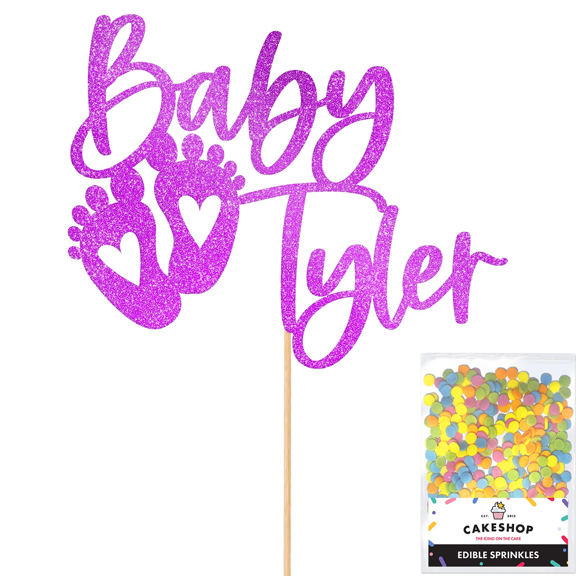 Cakeshop Personalised Baby Glitter Cake Topper With Sprinkles - Purple Custom Colour - Any Name - Double-Sided Glitter Card Cake Decoration - Custom Toppers for Cakes