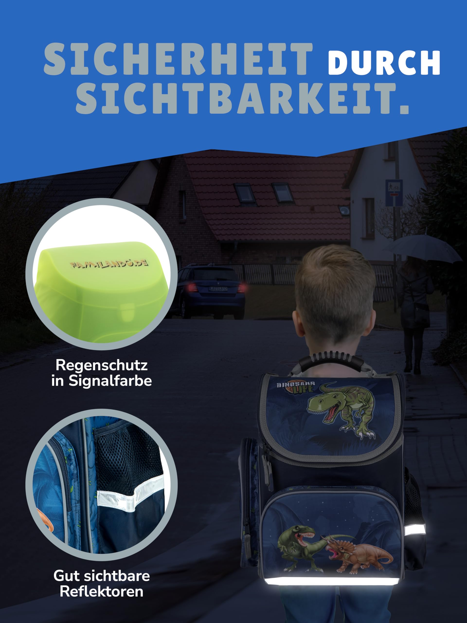 Familando - Schulranzen Set CLOU - 10-teilig mit Schultüte - Dinosaurier - Ergonomisch, Stabil & mit gepolstertem Rücken - 930g leicht - 15L Volumen - Mit Reflektoren - Für Grundschule ab 1. Klasse