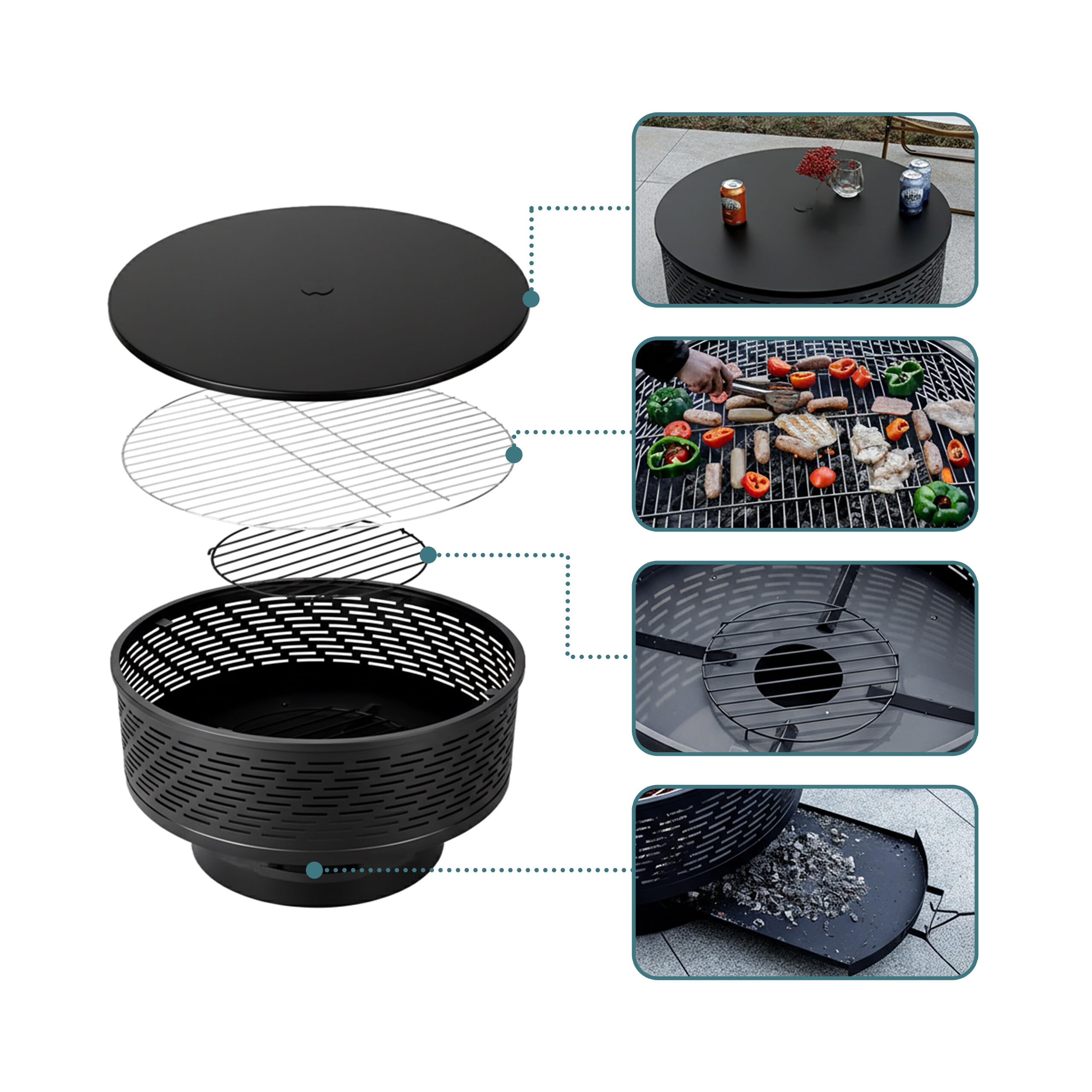 Relaxdays Feuerstelle mit Grillrost, Deckel, Schürhaken, wasserdichte Abdeckung, 66 cm, Schwarz
