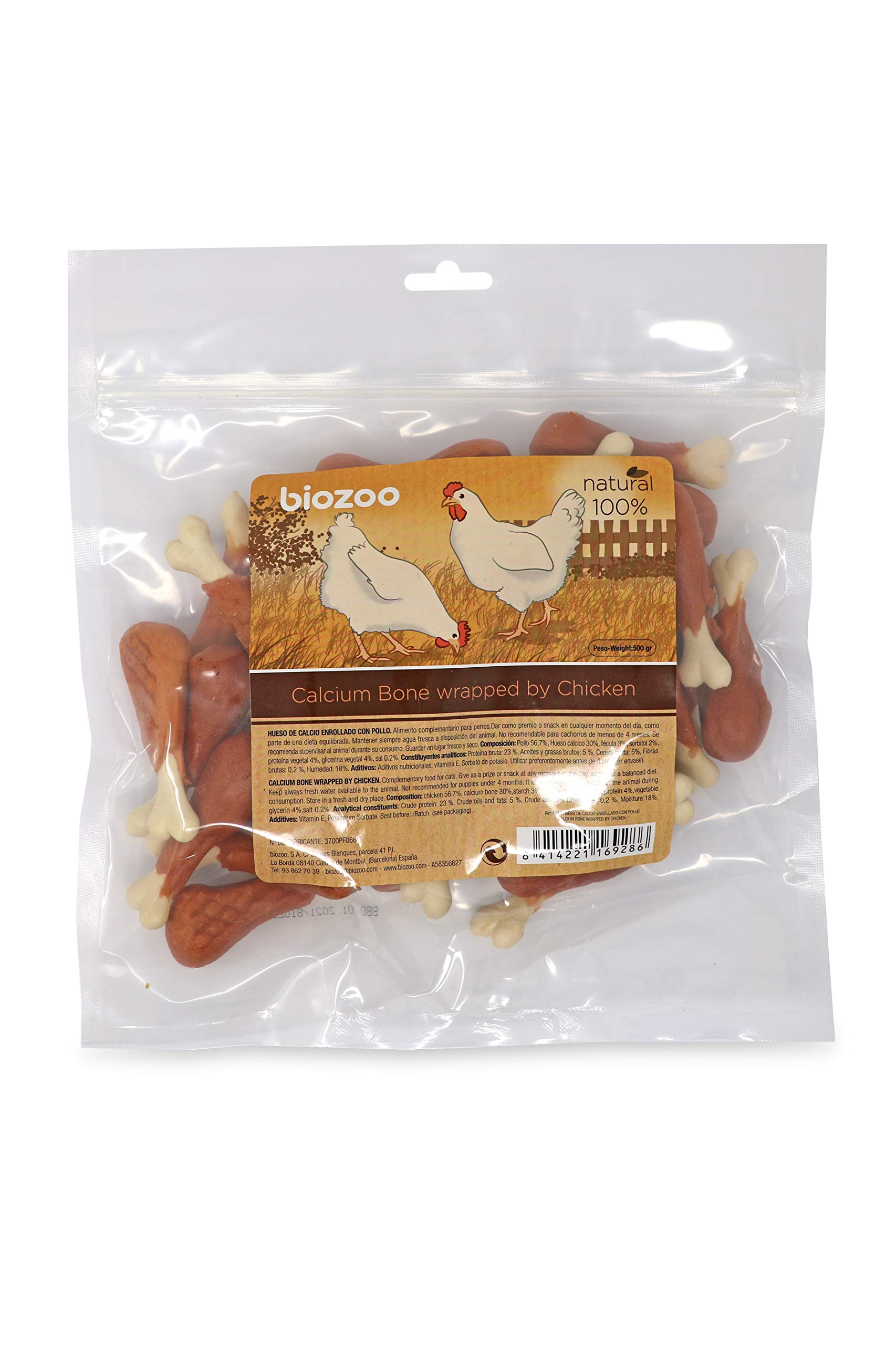 Biazoo Muslito de Pollo y Calcio 500 grs Snacks para Perros Apto para Todas Las Razas y tamaños. Snack Altamente digerible y con un Alto conteido en proteína