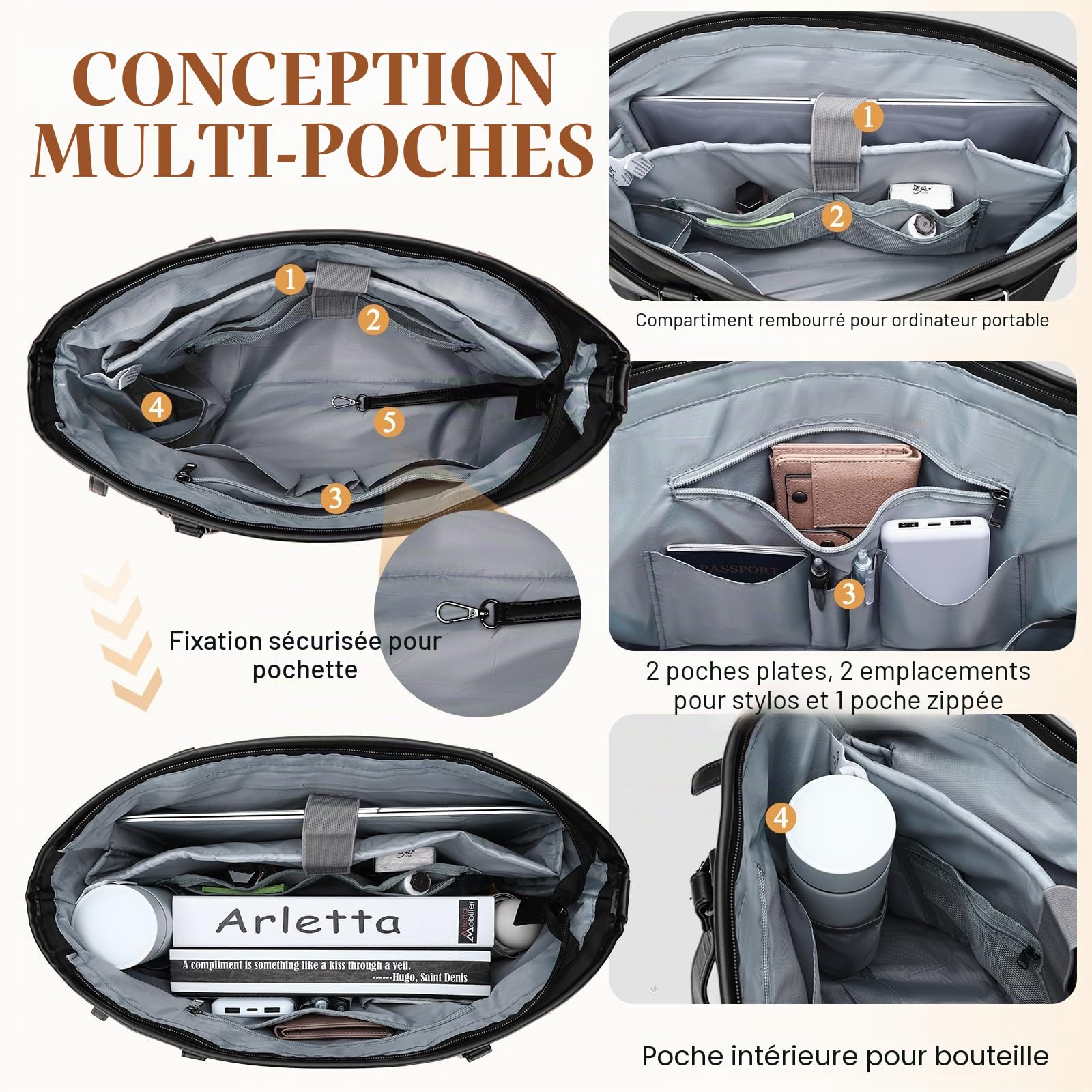 Cabas Femme, Grand 21L Sac Ordinateur Femme 15,6 Pouces Sac a Main Fourre Tout Résistant à l'Eau Élégant Poches Multiples pour Travail Affaires Cours Lycée Voyage