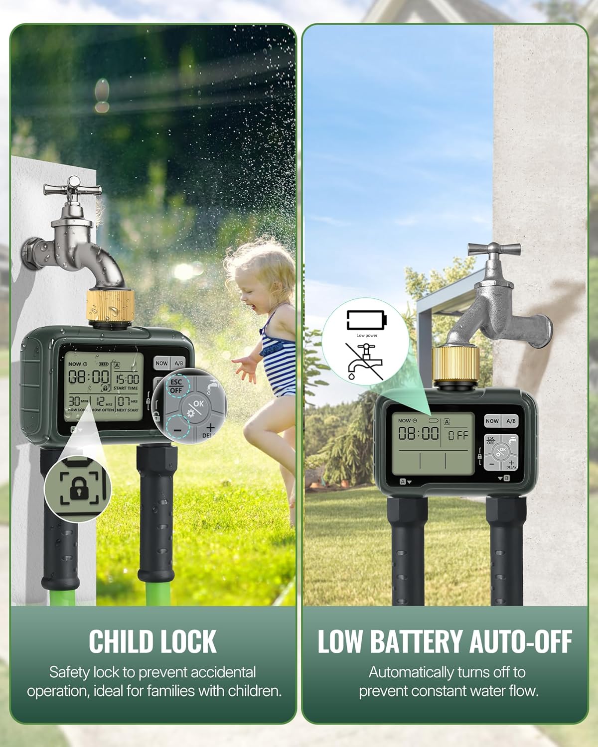 2 Zone Brass Sprinkler Timer, Garden Hose Timer, Automatic Irrigation System, Programmable Faucet, 2 Outlets, with Rain Delay, Manual Mode,Child Lock, for Yard, Garden, Lawn, Green E12WT06