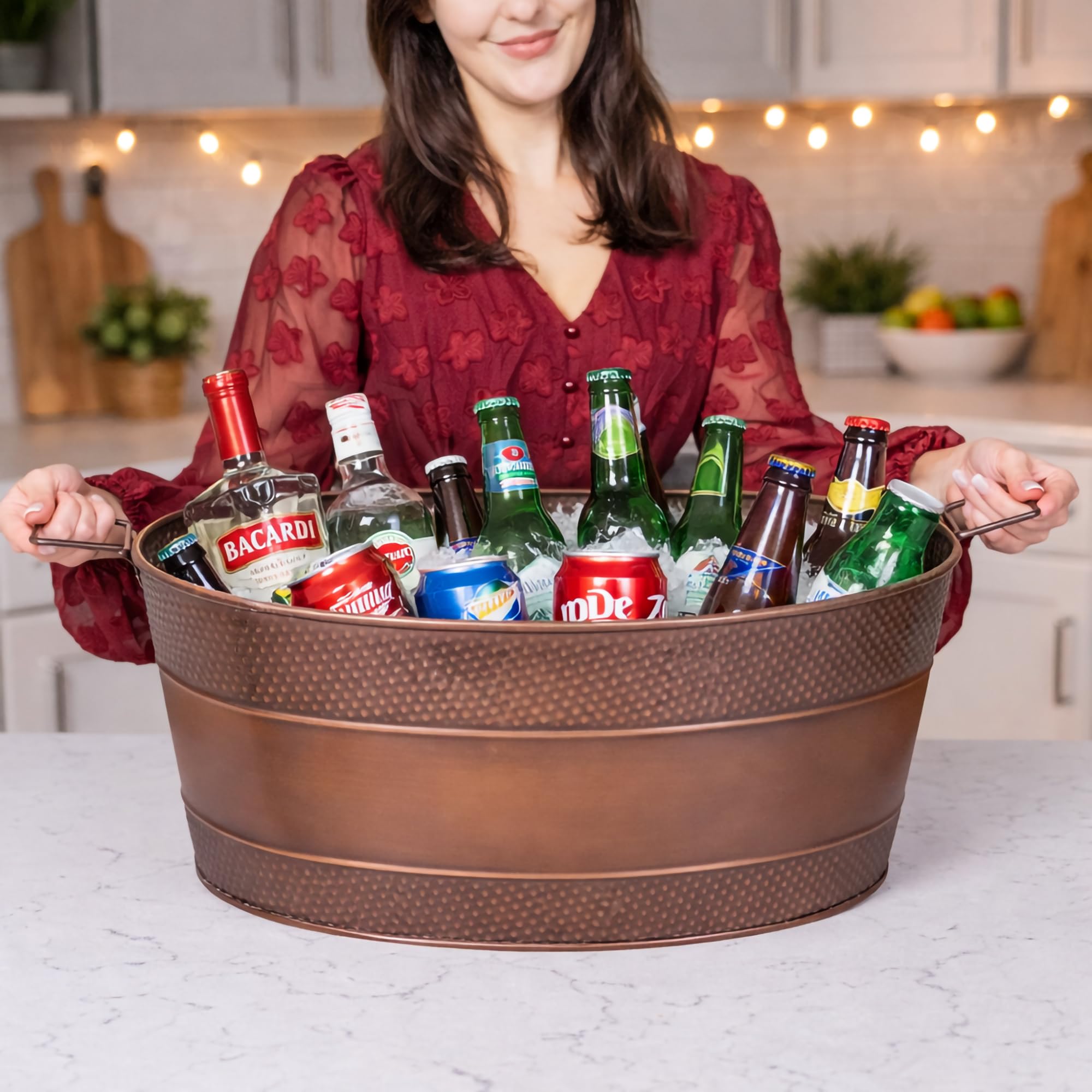 BREKX Aspen verzinkte Wanne, Kupfer-Finish, Eis- und Getränkekühler für Partys, versiegelter, auslaufsicherer Partykühler, leicht zu reinigen, handgefertigt, groß, oval, 25 Liter, Eimer für 30