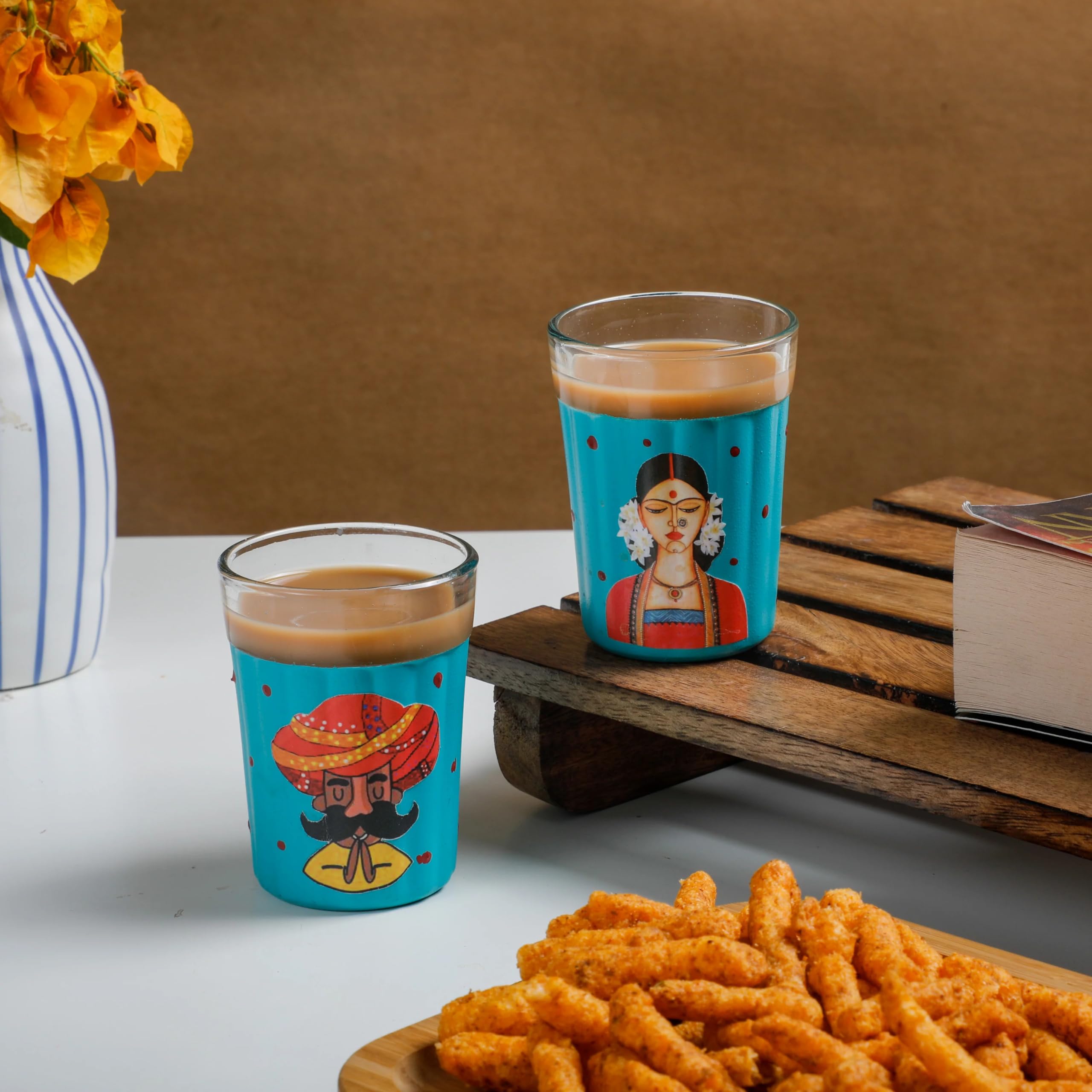 Desi Favors Indian Hand Painted Chai Glass(100 Ml) | Cutting Chai Glasses Tea Glasses for Daily Use Drinking for Soda, Juice, Milk, Beverage, Juice, Cocktails, Iced Glasses, 3.14x2.3 Inch (Pack of 2)