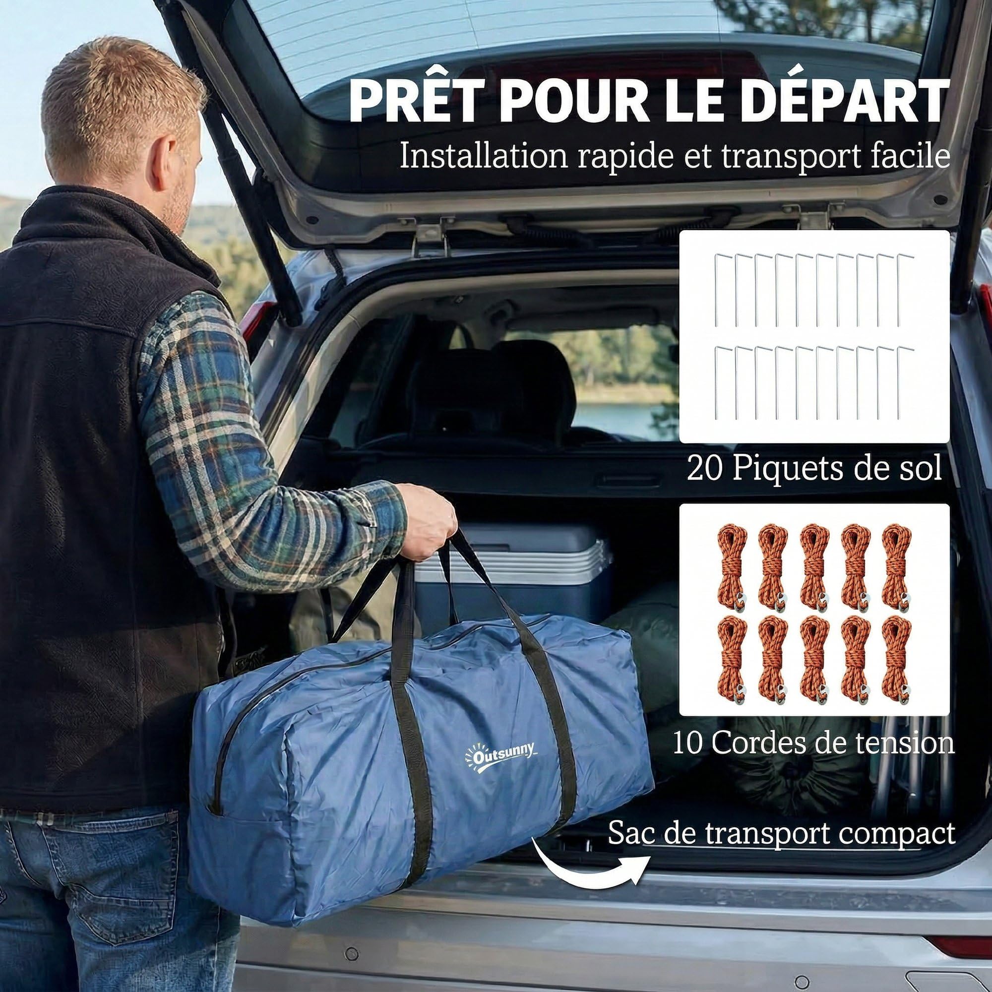 Outsunny Tente de Camping Tunnel pour 4 Personnes Imperméable 3000mm - Séjour Spacieux Double Couche Hauteur 190cm - Abri de Jardin pour Bivouac Randonnée avec Auvent, Bleu Foncé