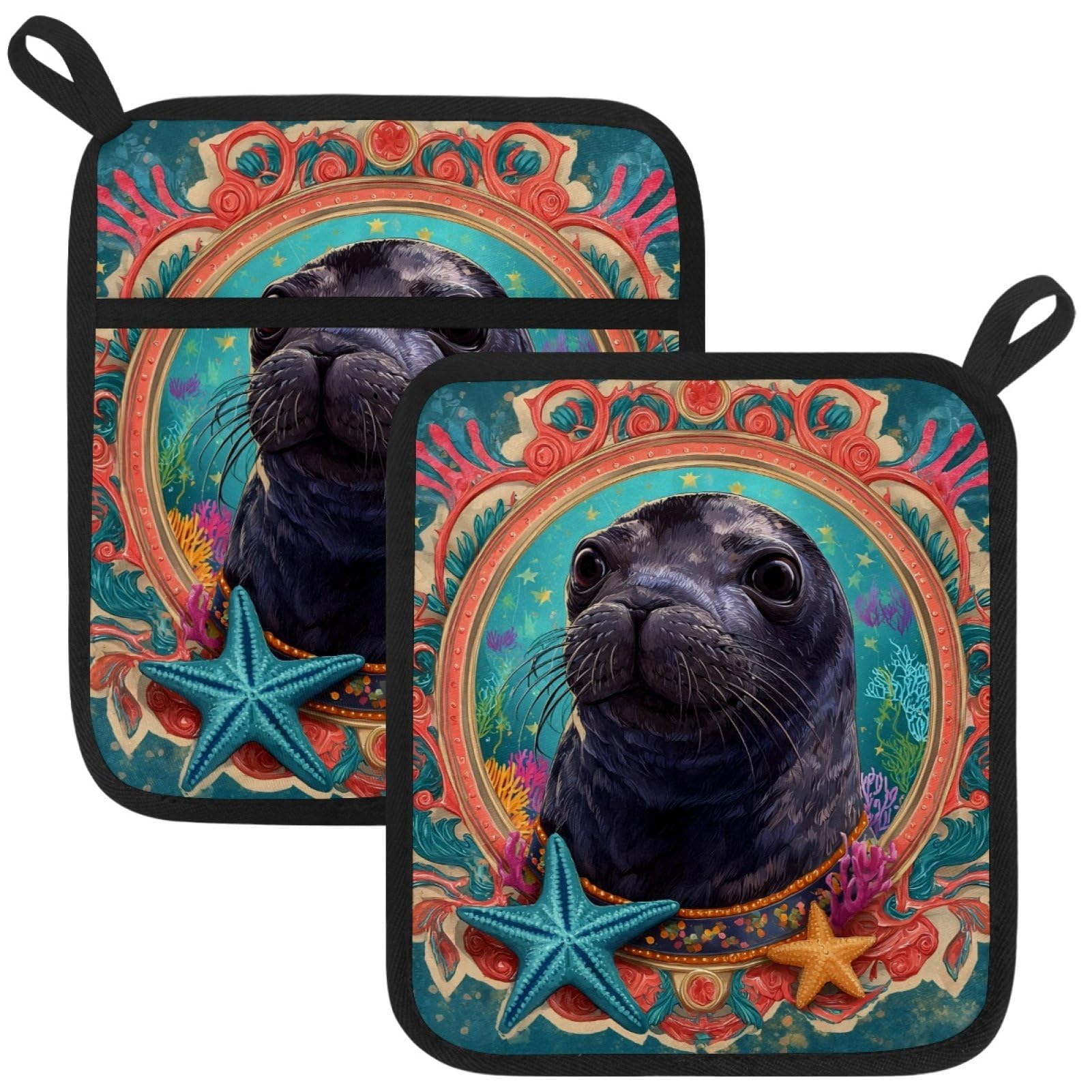 VAPOKF Seal Pot Holders with Pocket for Kitchen Heat Resistant Potholders Large Polyester-Cotton Square Oven Mitts Set